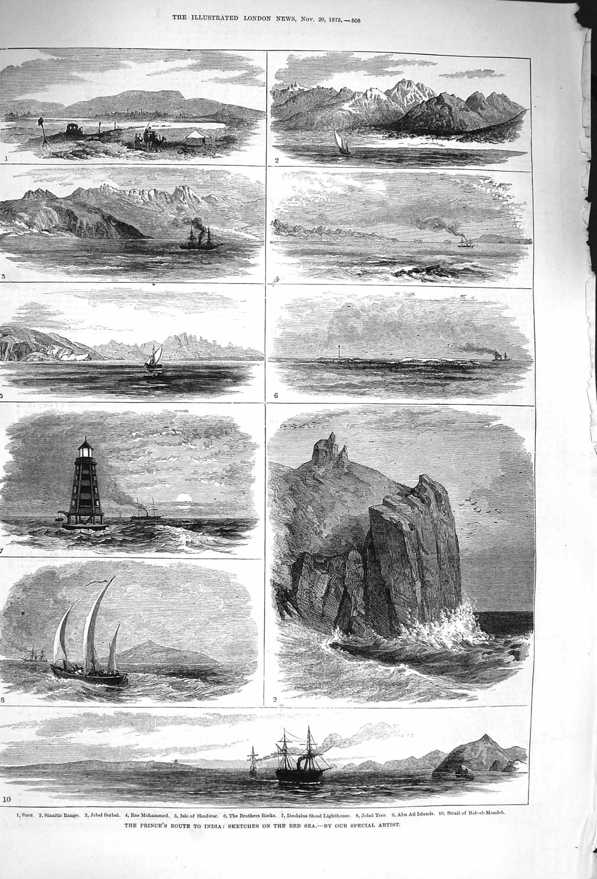 Old Antique Print 1875 Red Sea Suez Jebel Bab-El-Mandeb Isle Shadwar Ship 19th