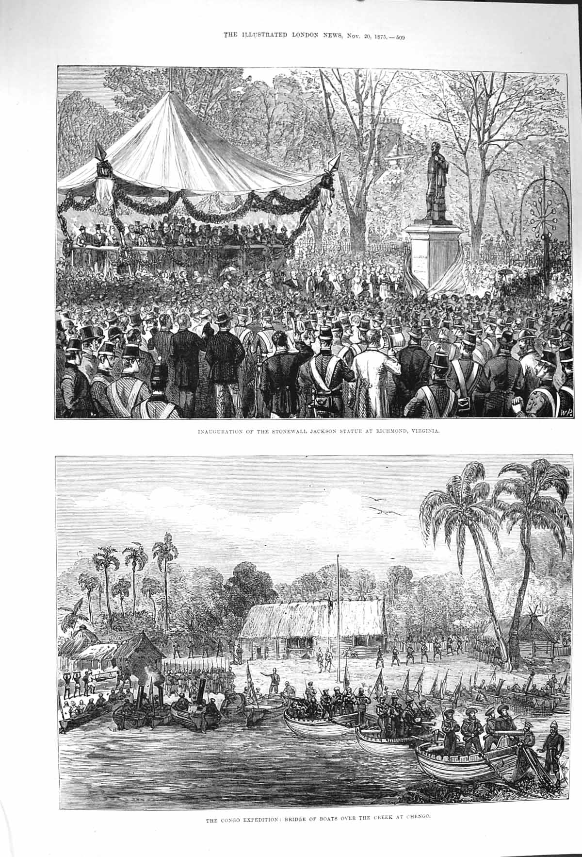 Original Old Antique Print 1875 Stonewall Jackson Statue Richmond Congo Chengo
