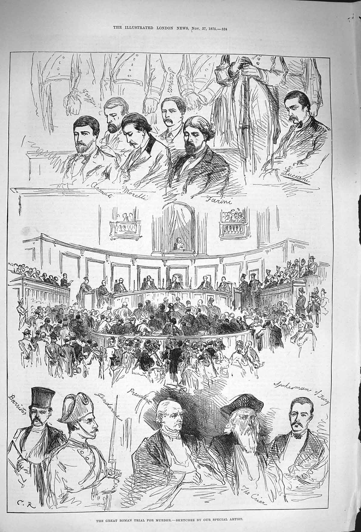 Original Old Antique Print 1875 Great Roman Trial Murder Morelli Luciani Jury