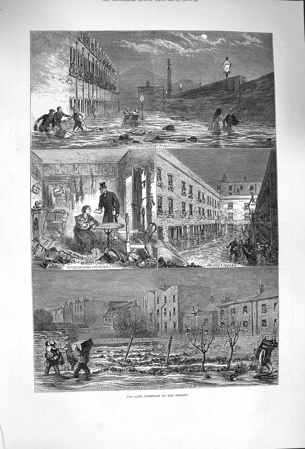 Original Old Antique Print 1875 Floods River Thames Southampton Wandsworth 19th