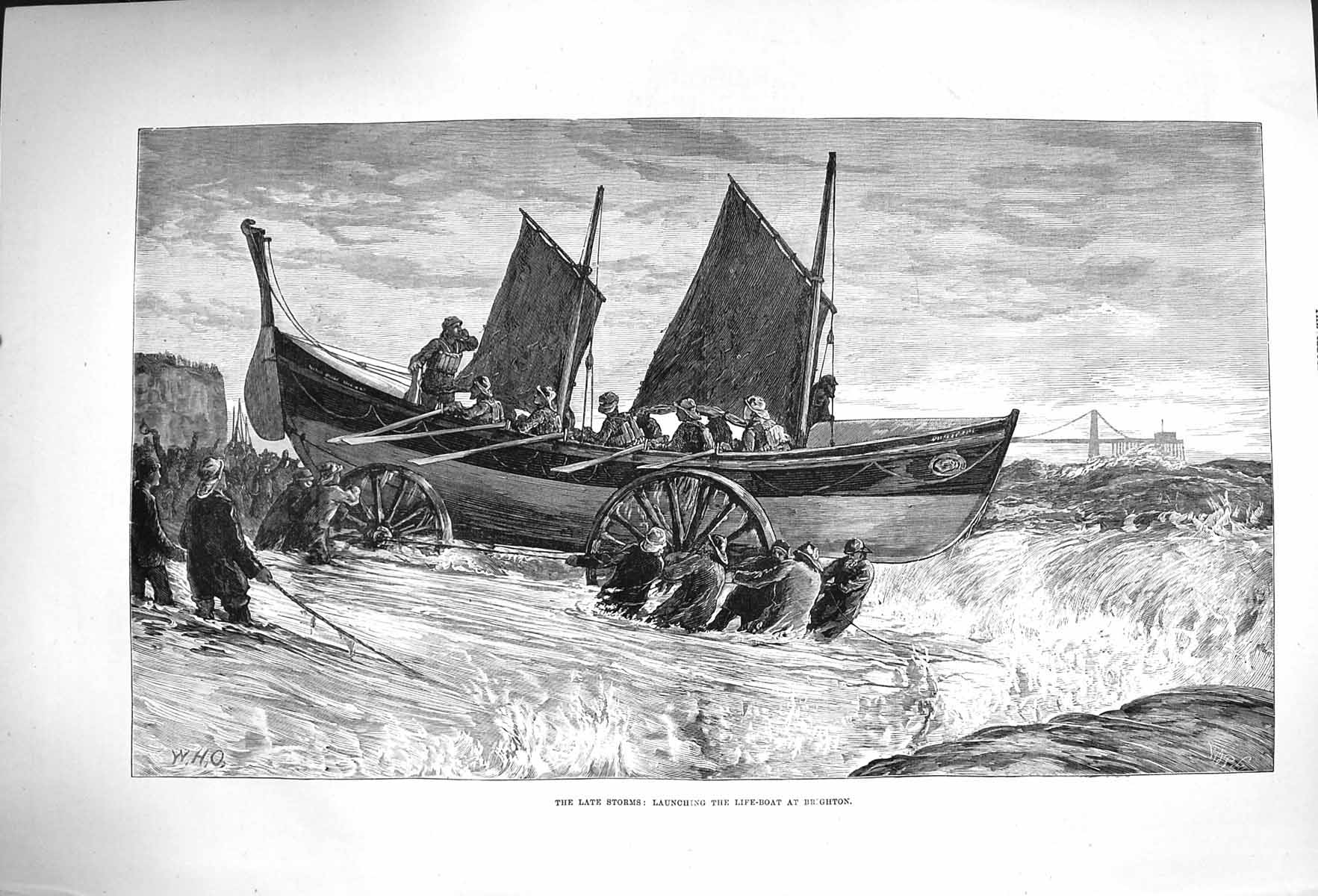 Original Old Antique Print 1875 Scene Launching Life-Boat Brighton England Sea