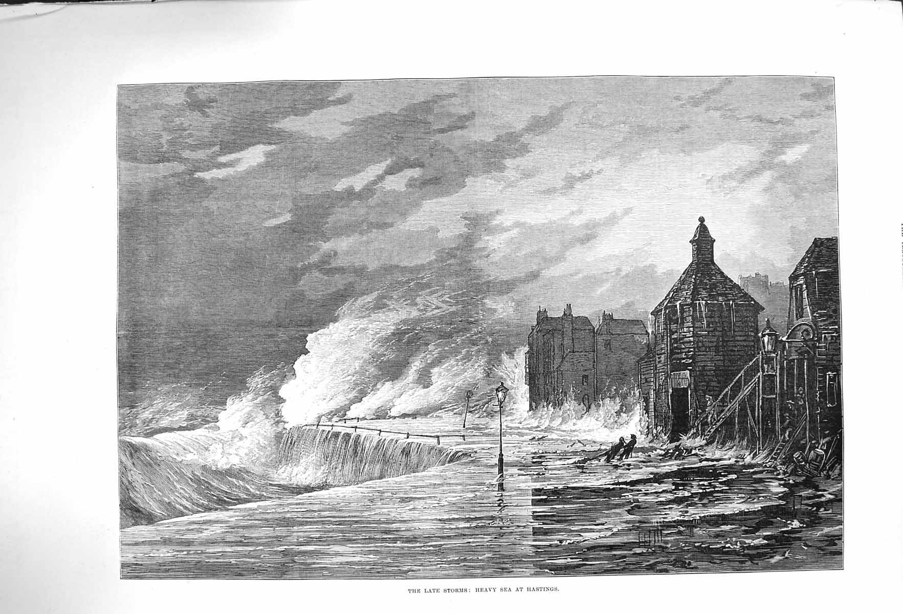 Original Old Antique Print 1875 Heavy Sea Storm Hastings England Fine Art 19th