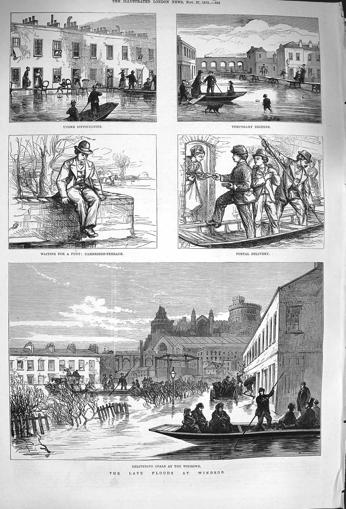 Old Antique Print 1875 Floods Windsor Bridge Boats Postal Delivery London 19th