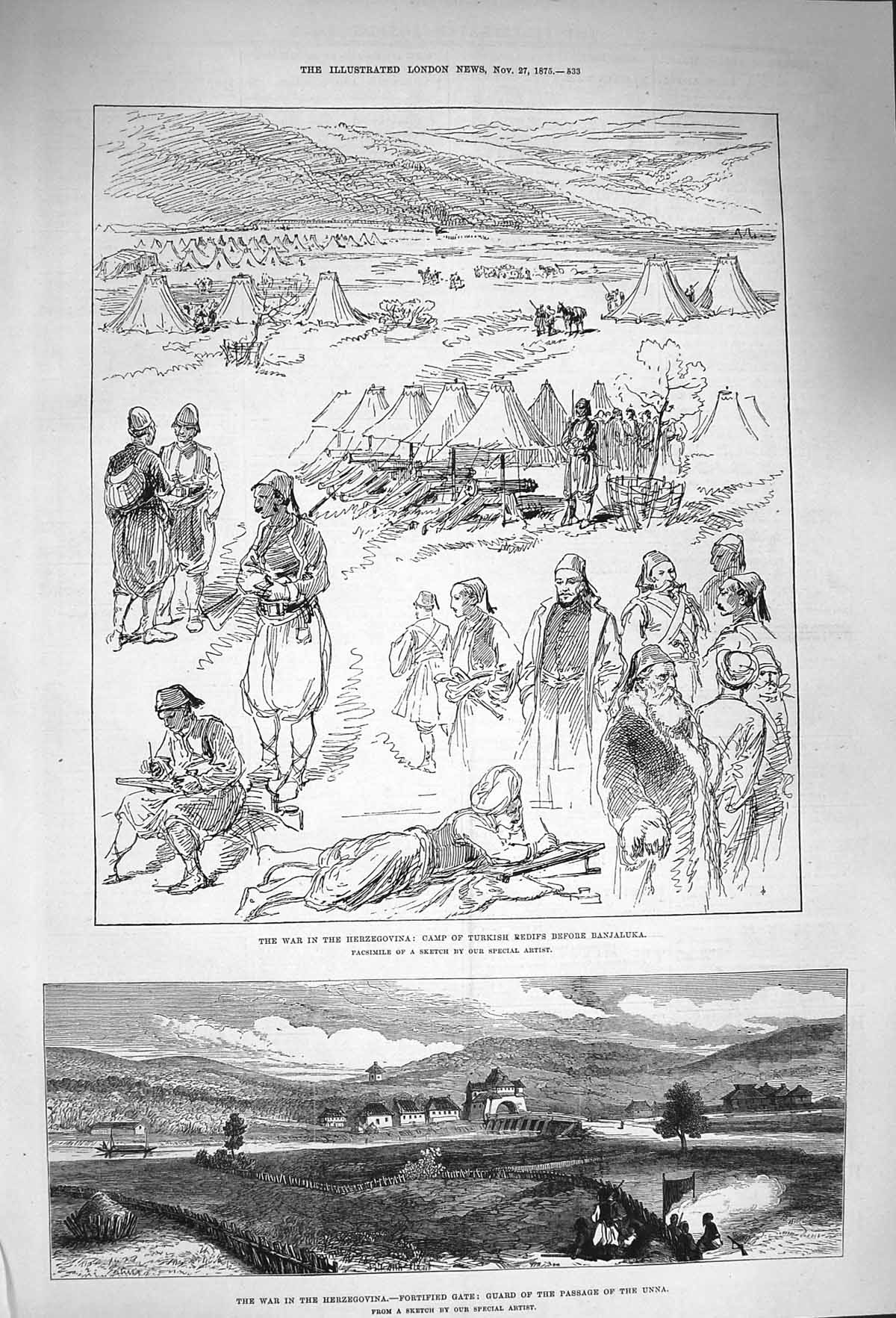 Old Antique Print 1875 War Herzegovina Gate Passage Unna Turks Banjaluka 19th