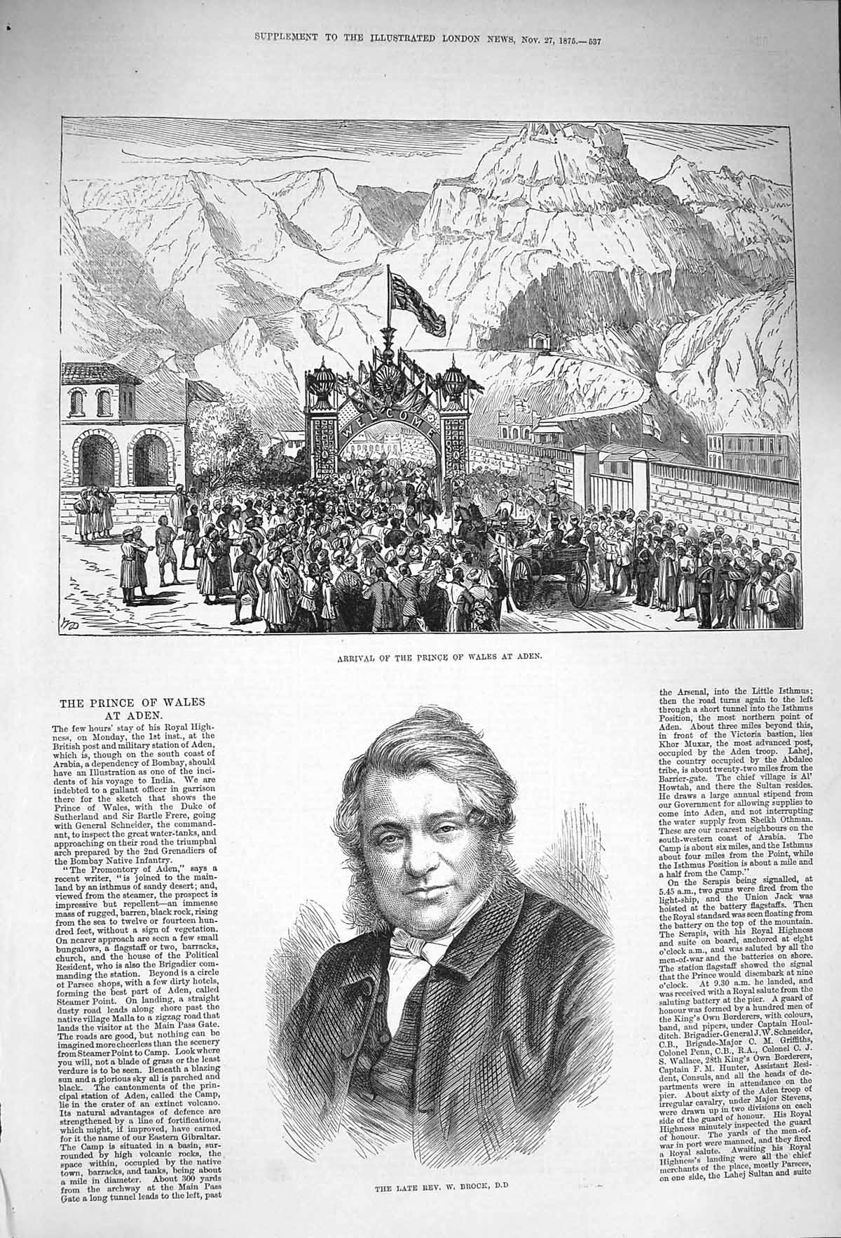 Original Old Antique Print 1875 Prince Wales Aden Mountains Portrait Brock 19th