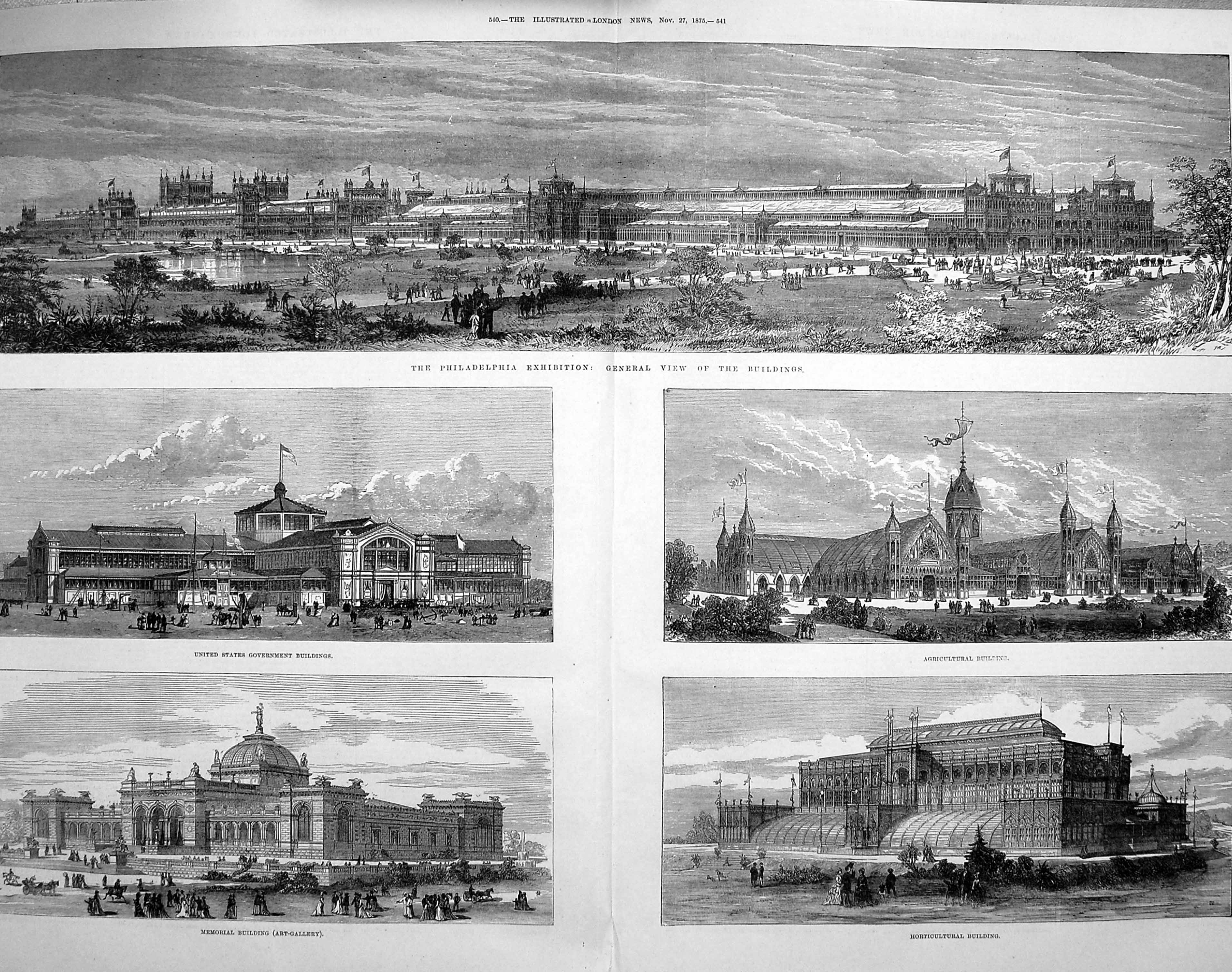 Original Old Antique Print 1875 Philadelphia Exhibition Agricultural Buildings