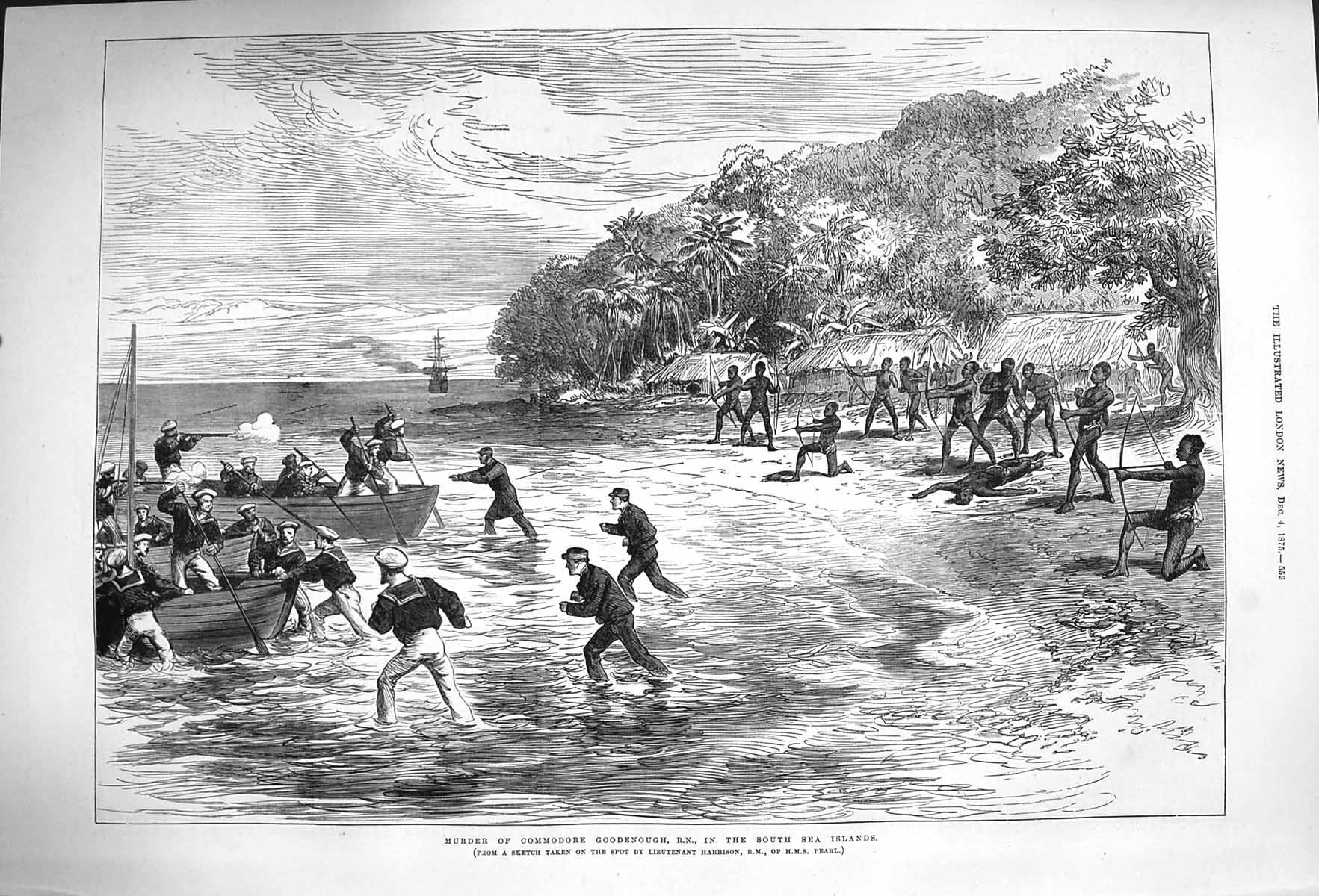 Original Old Antique Print 1875 Murder Commodore Goodenough South Sea Victorian