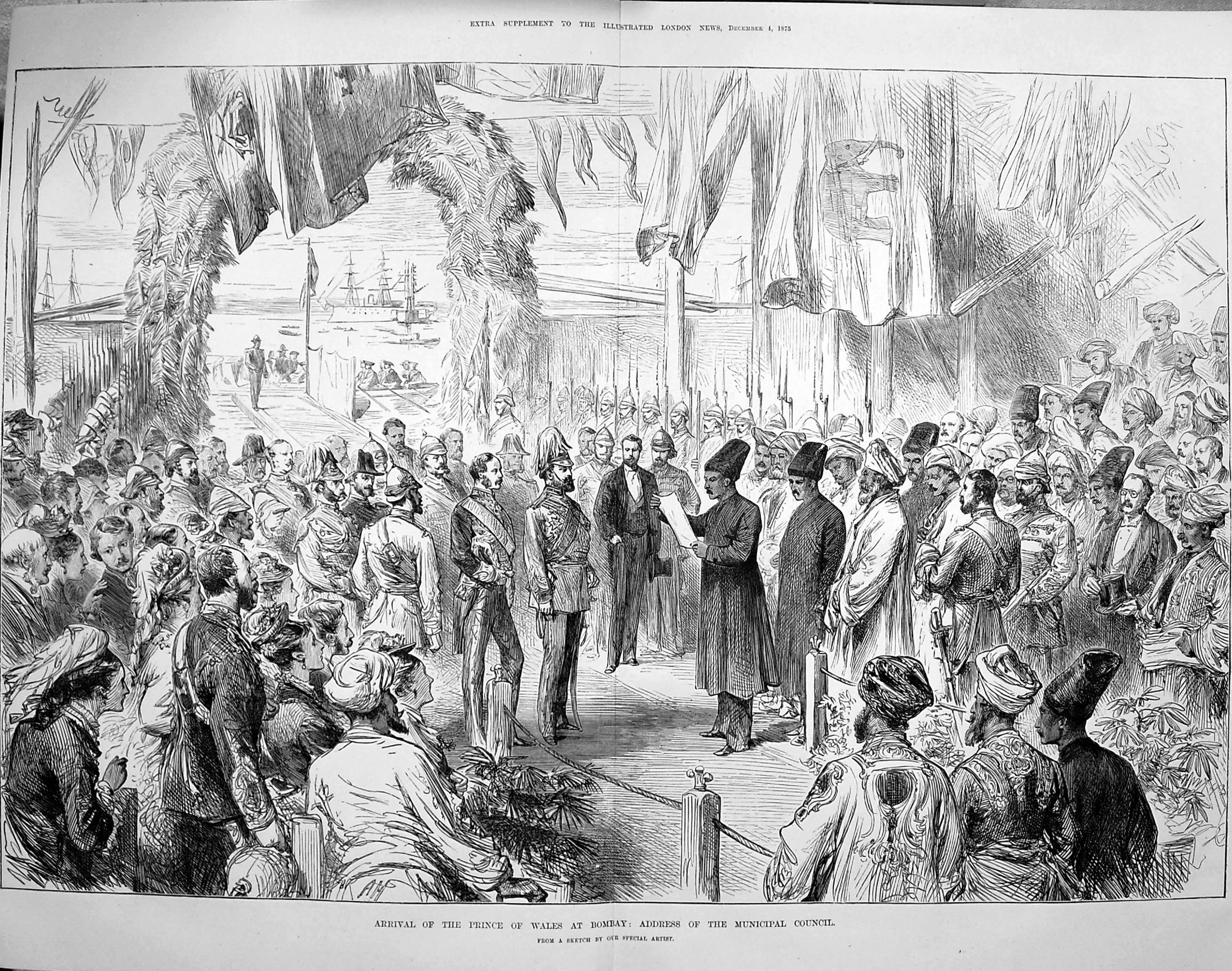 Old Antique Print 1875 Prince Wales Bombay Snake Charmers Serapis Ship 19th