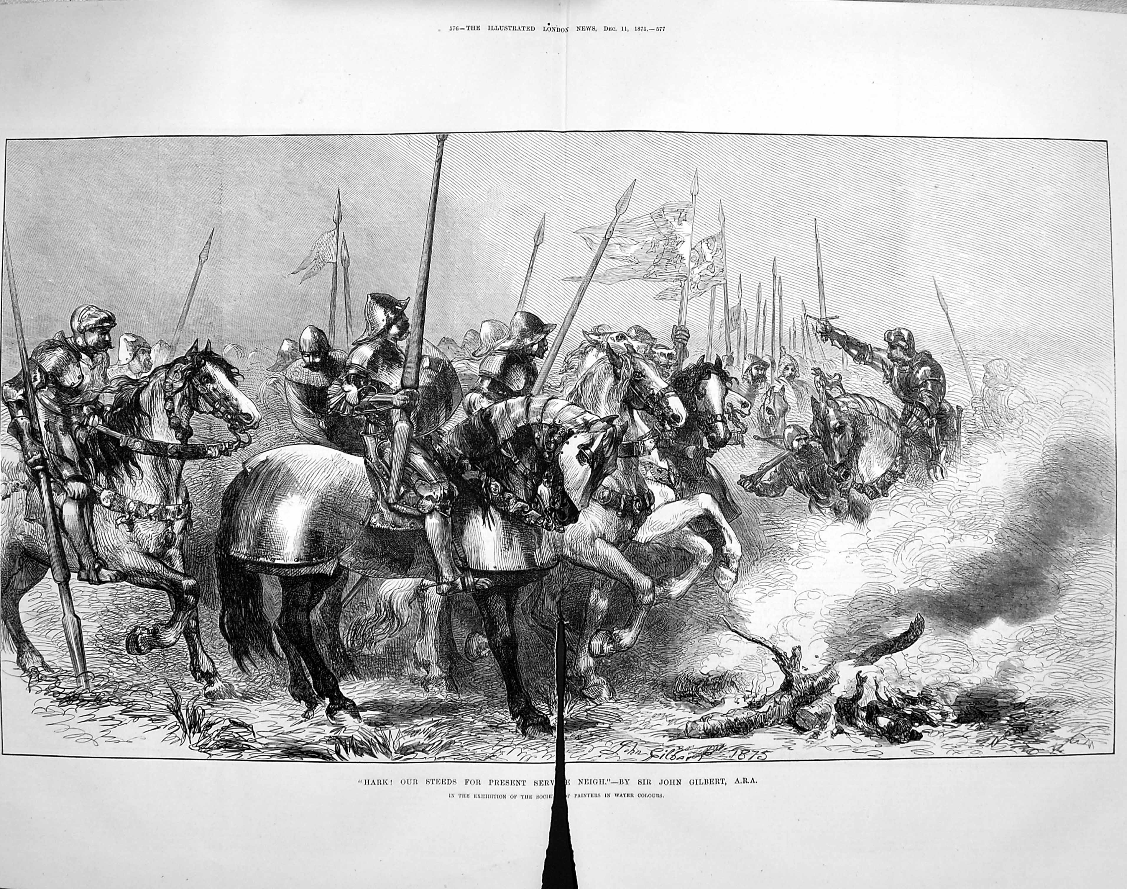 Original Old Antique Print 1875 Damaged Siers Armour War Horses Gilbert 19th