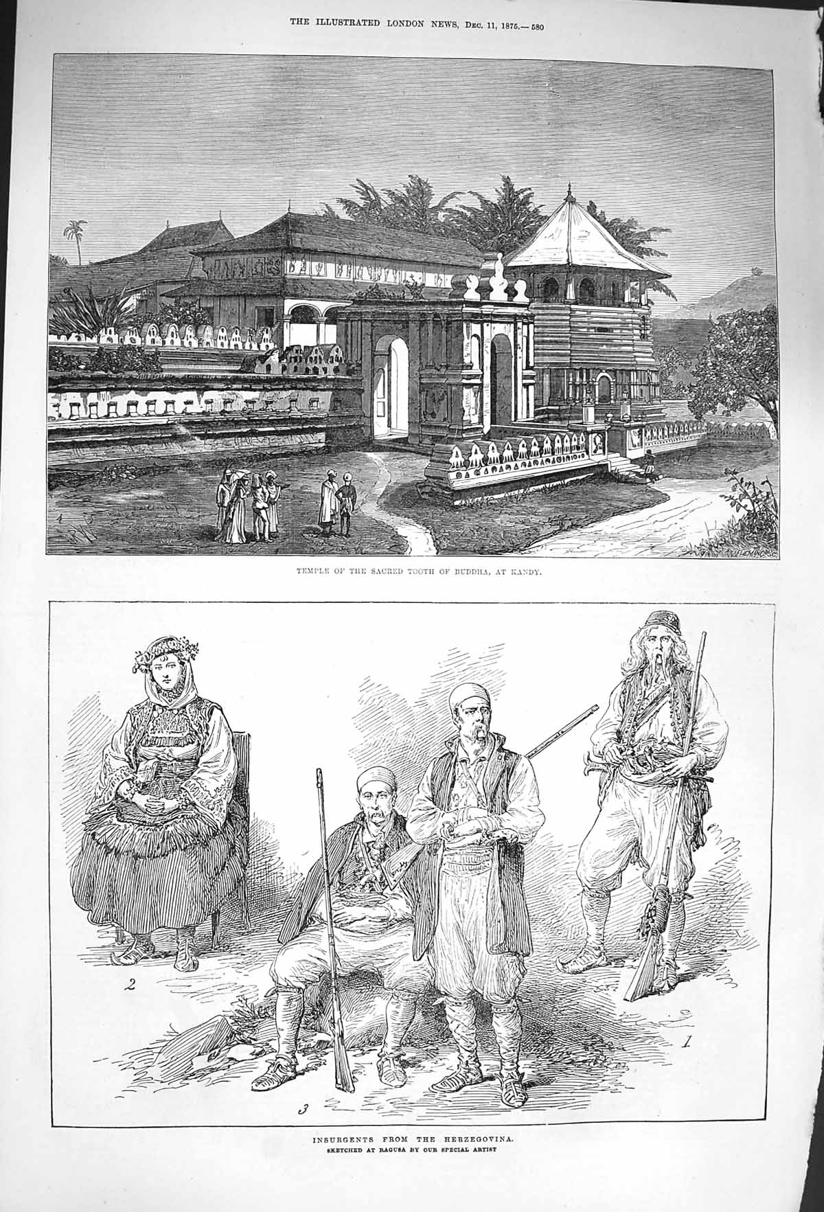 Old Antique Print 1875 Temple Sacred Tooth Buddha Kandy Herzegovina Army 19th