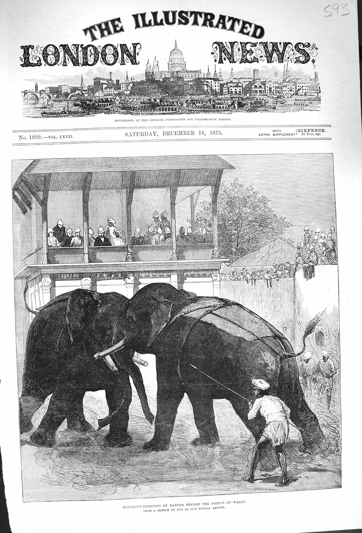 Old Antique Print 1875 Elephant Fighting Baroda Prince Wales Sport India 19th