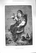 Old Antique Print 1875 Petite Suedoise Little Girl Birds Pigeons Salmson 19th
