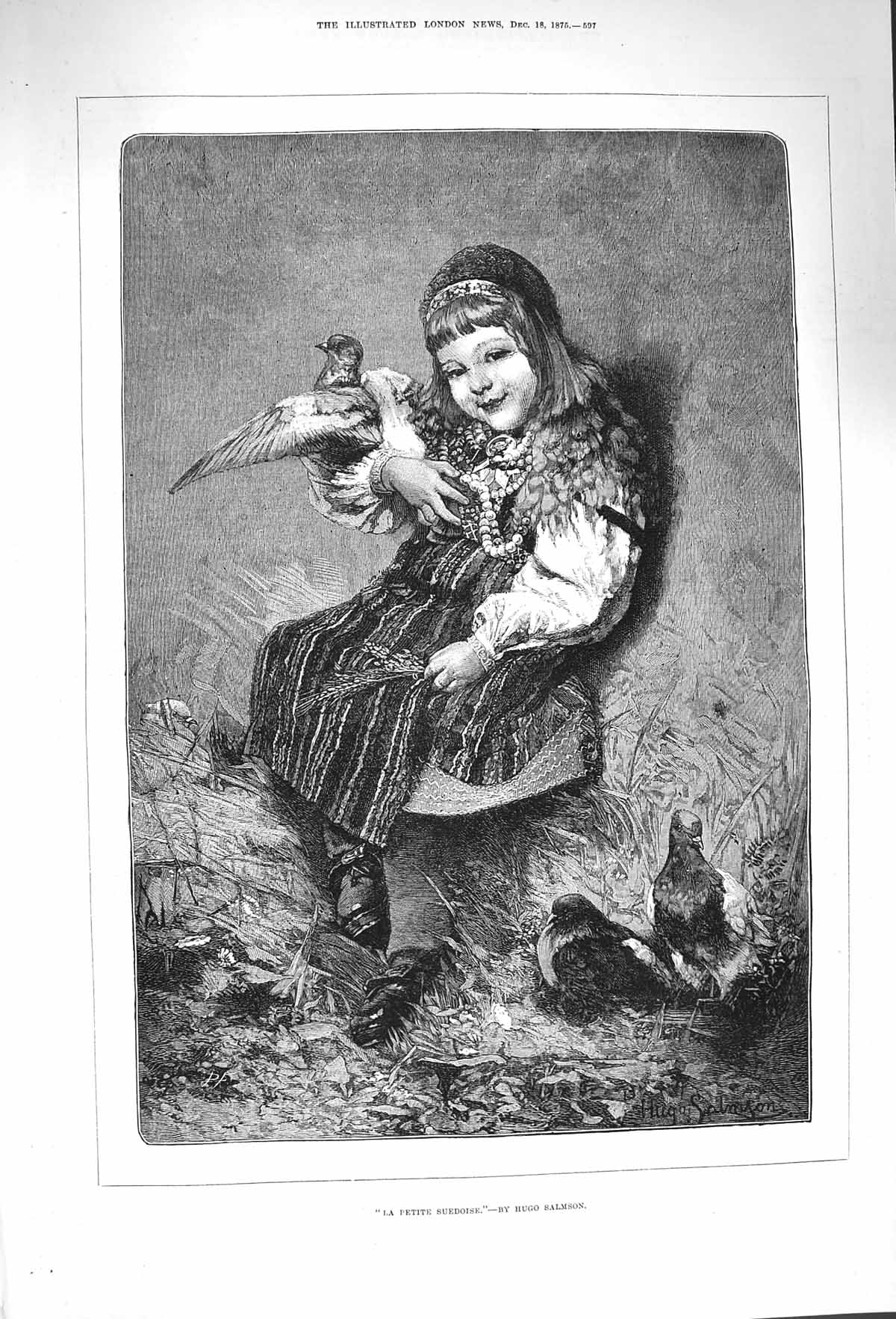 Old Antique Print 1875 Petite Suedoise Little Girl Birds Pigeons Salmson 19th
