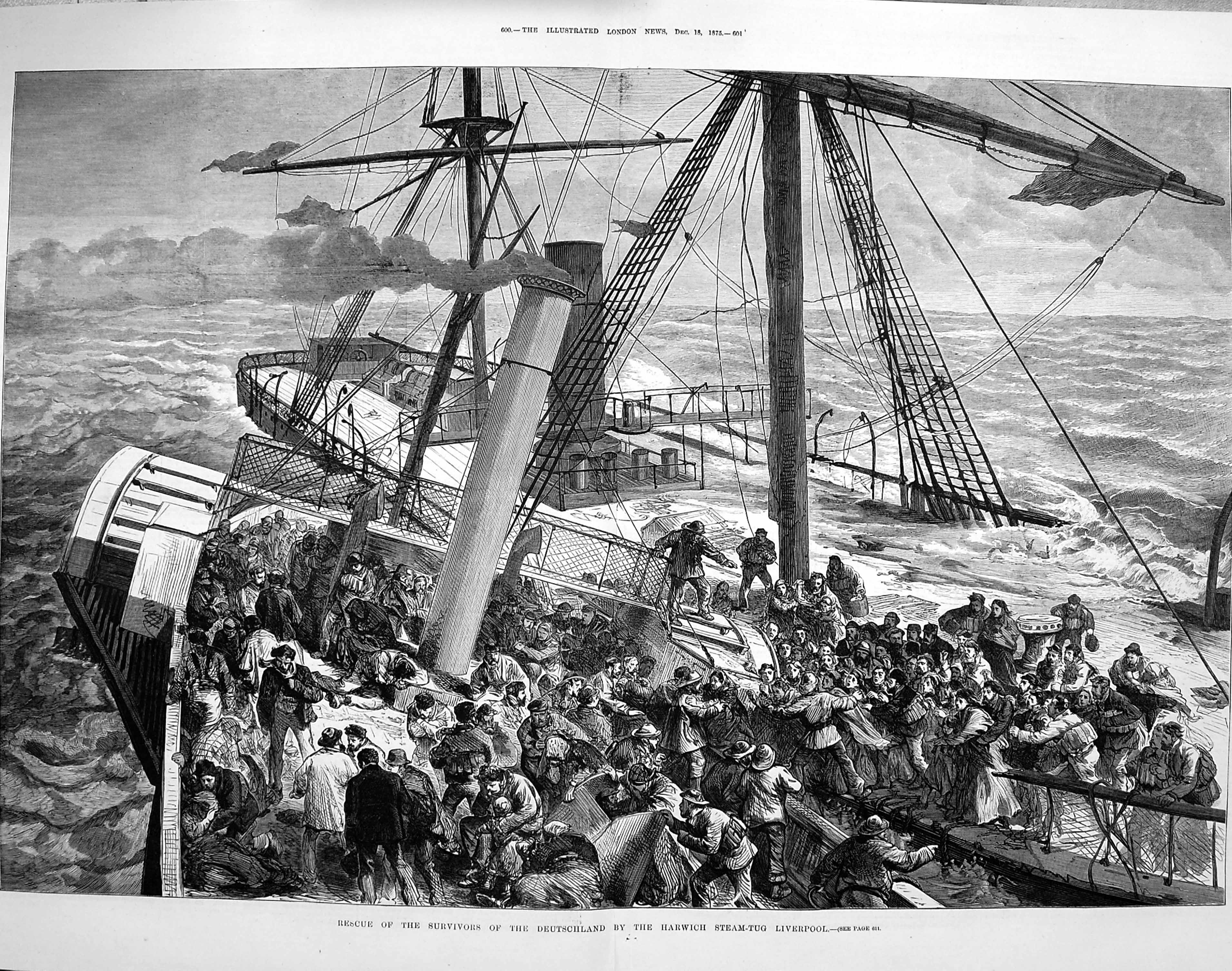 Old Antique Print 1875 Survivors Deutschland Harwich Liverpool Ship Tug 19th