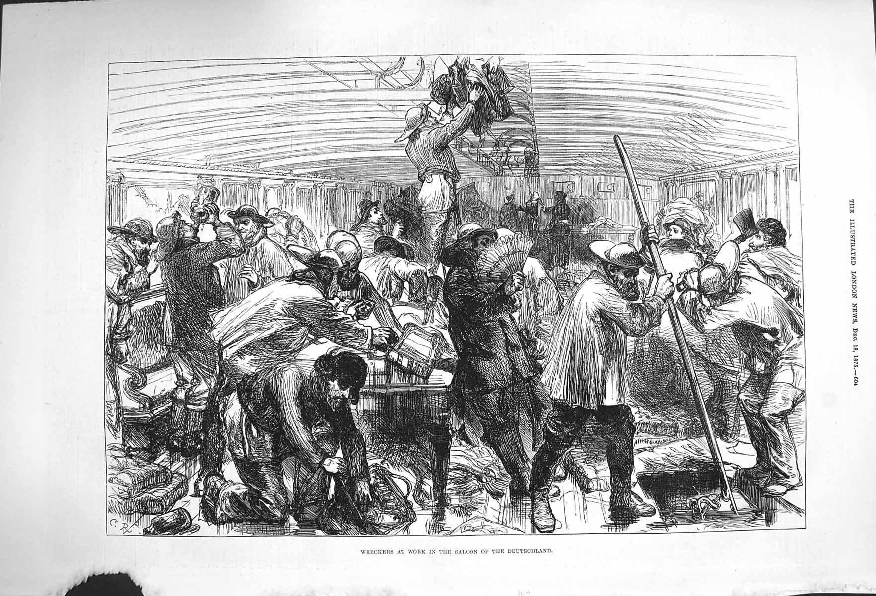 Original Old Antique Print 1875 Wreckers Work Saloon Deutschland Ship Scene