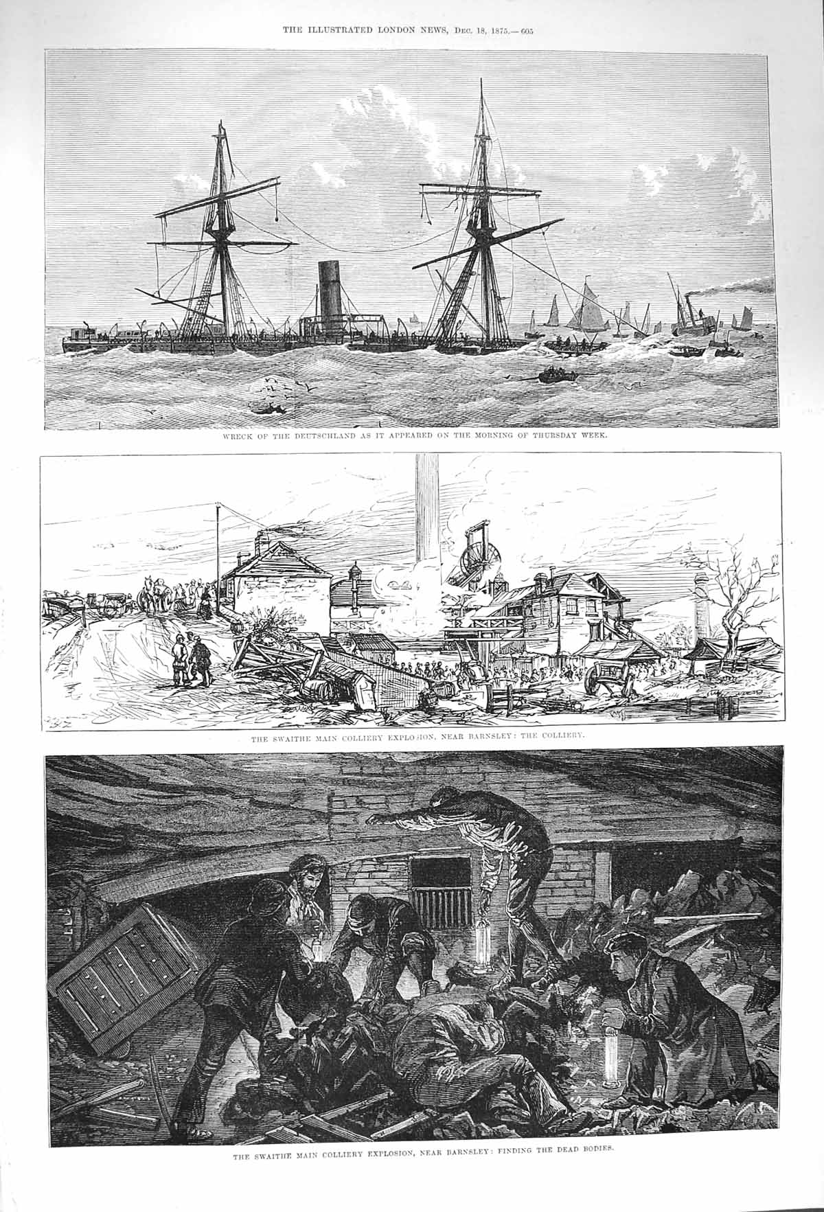 Old Antique Print 1875 Ship Wreck Deutschland Swaithe Colliery Barnsley 19th