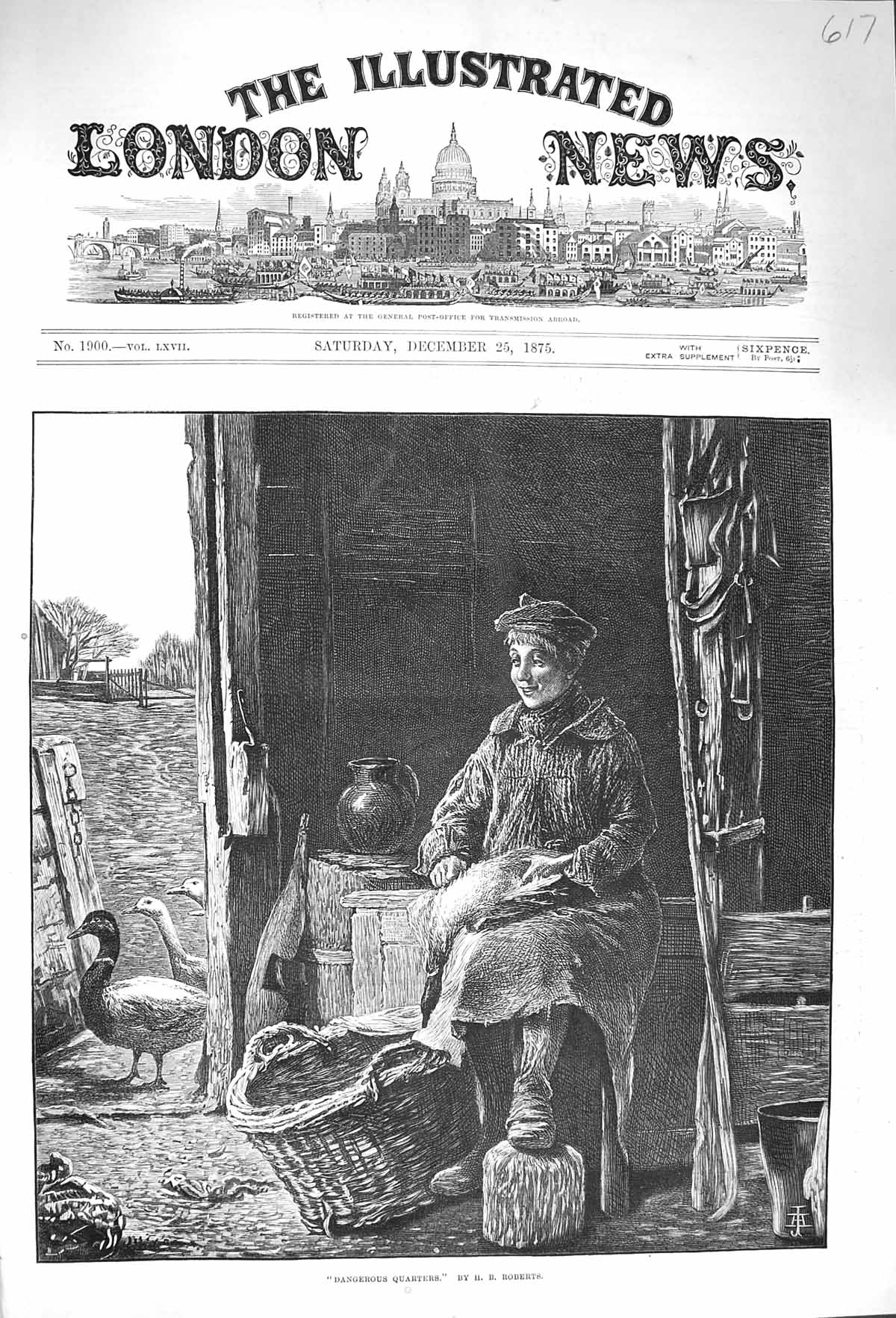 Original Old Antique Print 1875 Dangerous Quarters Lady Plucking Birds Farmyard