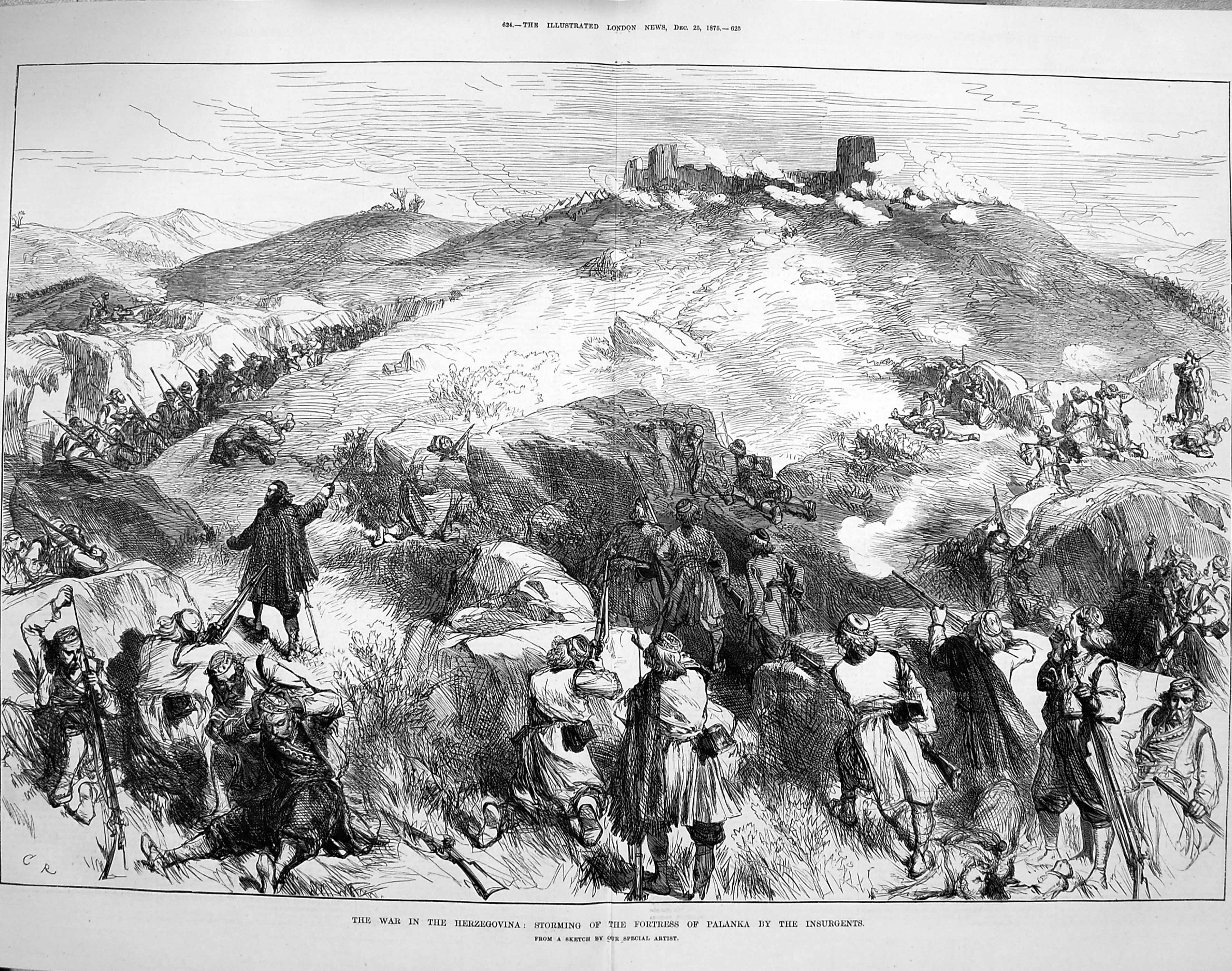 Original Old Antique Print 1875 War Herzegovina Fortress Palanka Insurgents