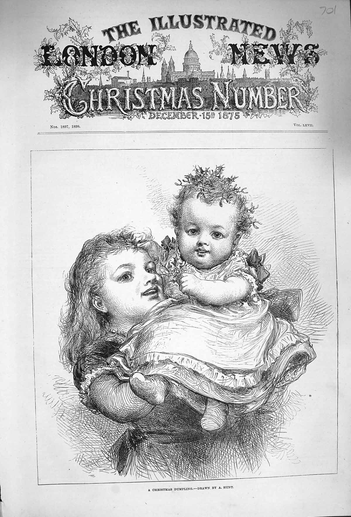 Original Old Antique Print 1875 Christmas Dumpling Little Girls Mistletoe Hunt