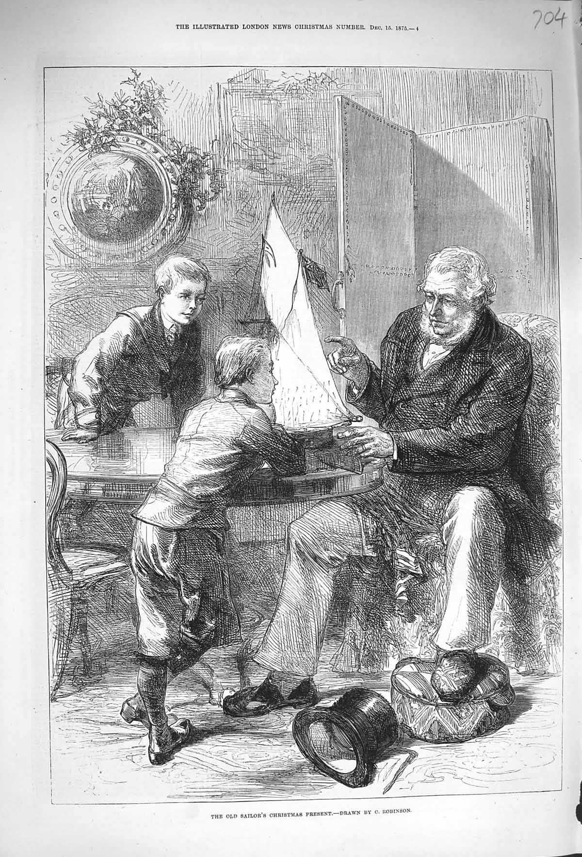 Original Old Antique Print 1875 Sailors Christmas Present Sailing Yacht Boys