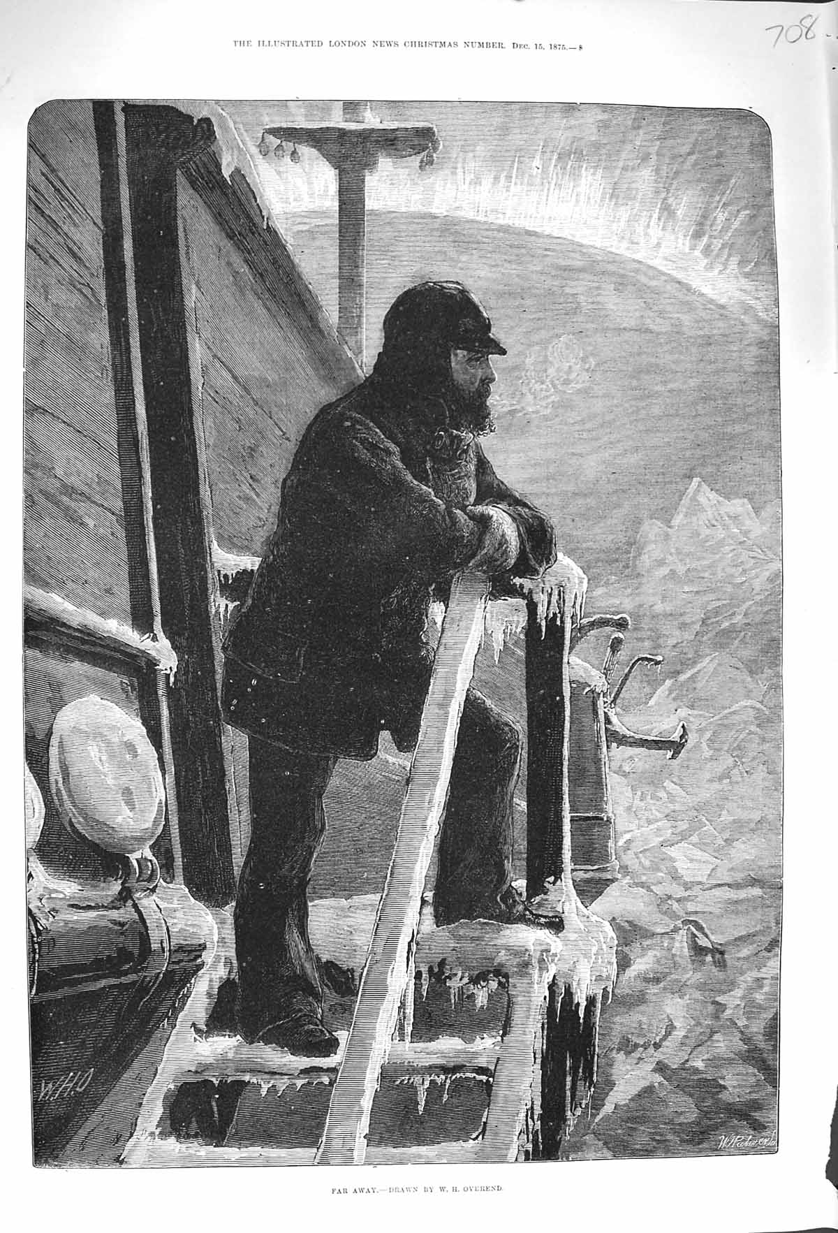 Original Old Antique Print 1875 Far Away Man Ship Ice Polar Regions Overend