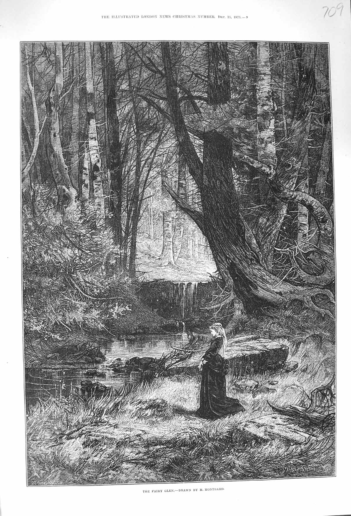 Original Old Antique Print 1875 Fairy Glen Young Woman River Trees F Victorian