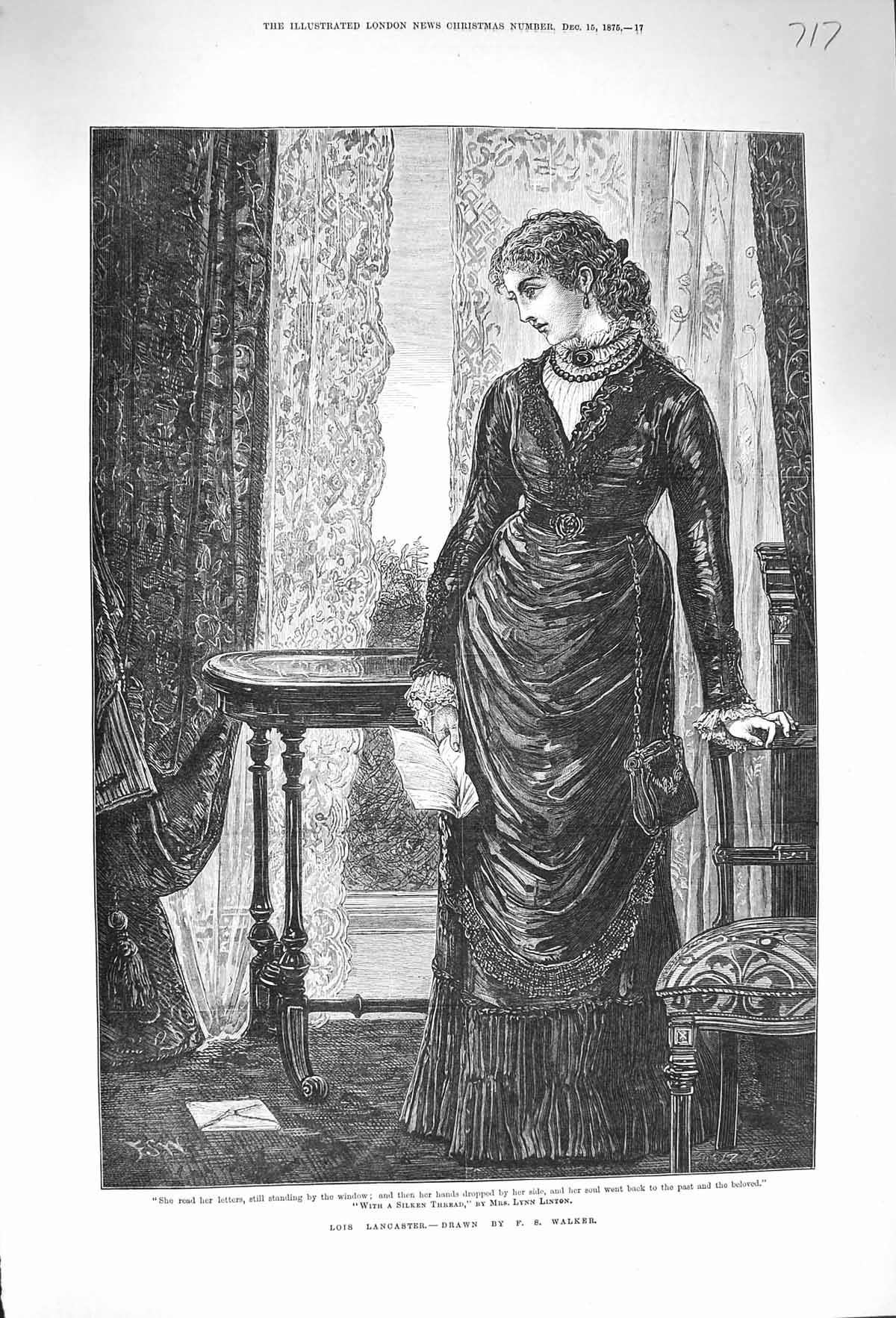 Original Old Antique Print 1875 Lois Lancaster Young Woman House Window Walker