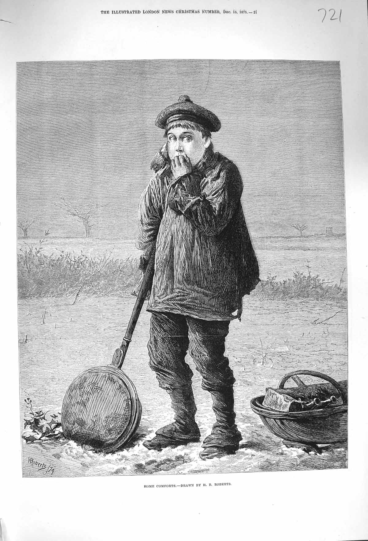 Original Old Antique Print 1875 Home Comforts Young Boy Bed-Pan Winter Scene