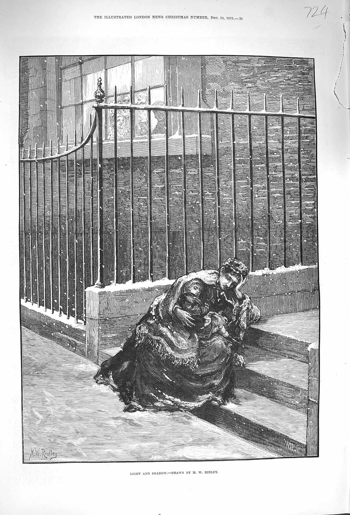 Original Old Antique Print 1875 Light Shadow Mother Children Door Step Fine Art