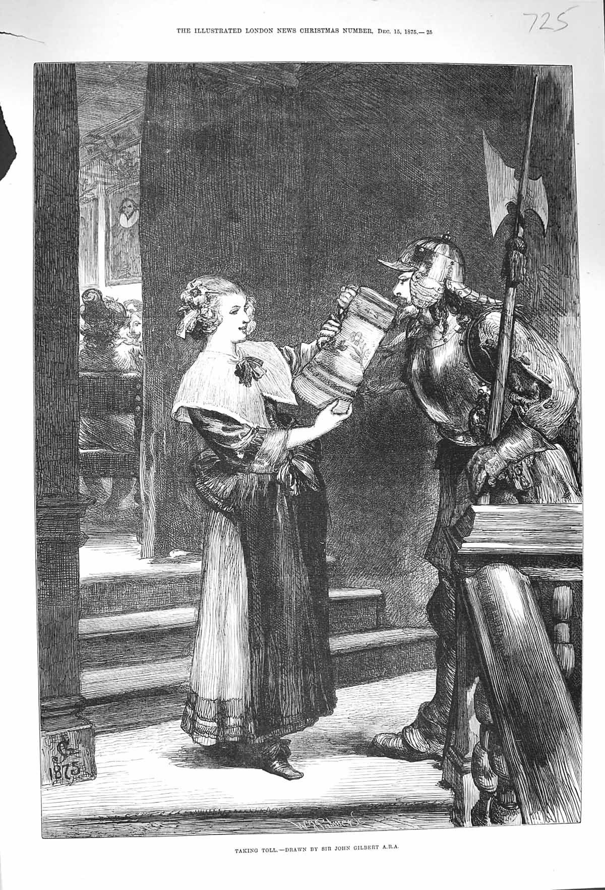 Old Antique Print 1875 Taking Toll Man Armour Drinking Jug Lady Gilbert 19th