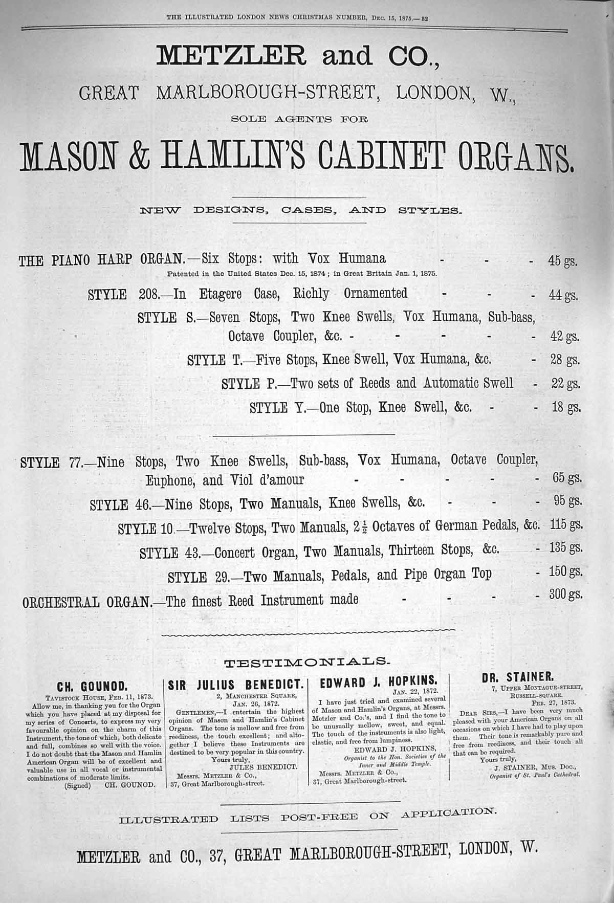 Old Antique Print 1875 Advertisement Metzler Mason Cabinet Organs London 19th