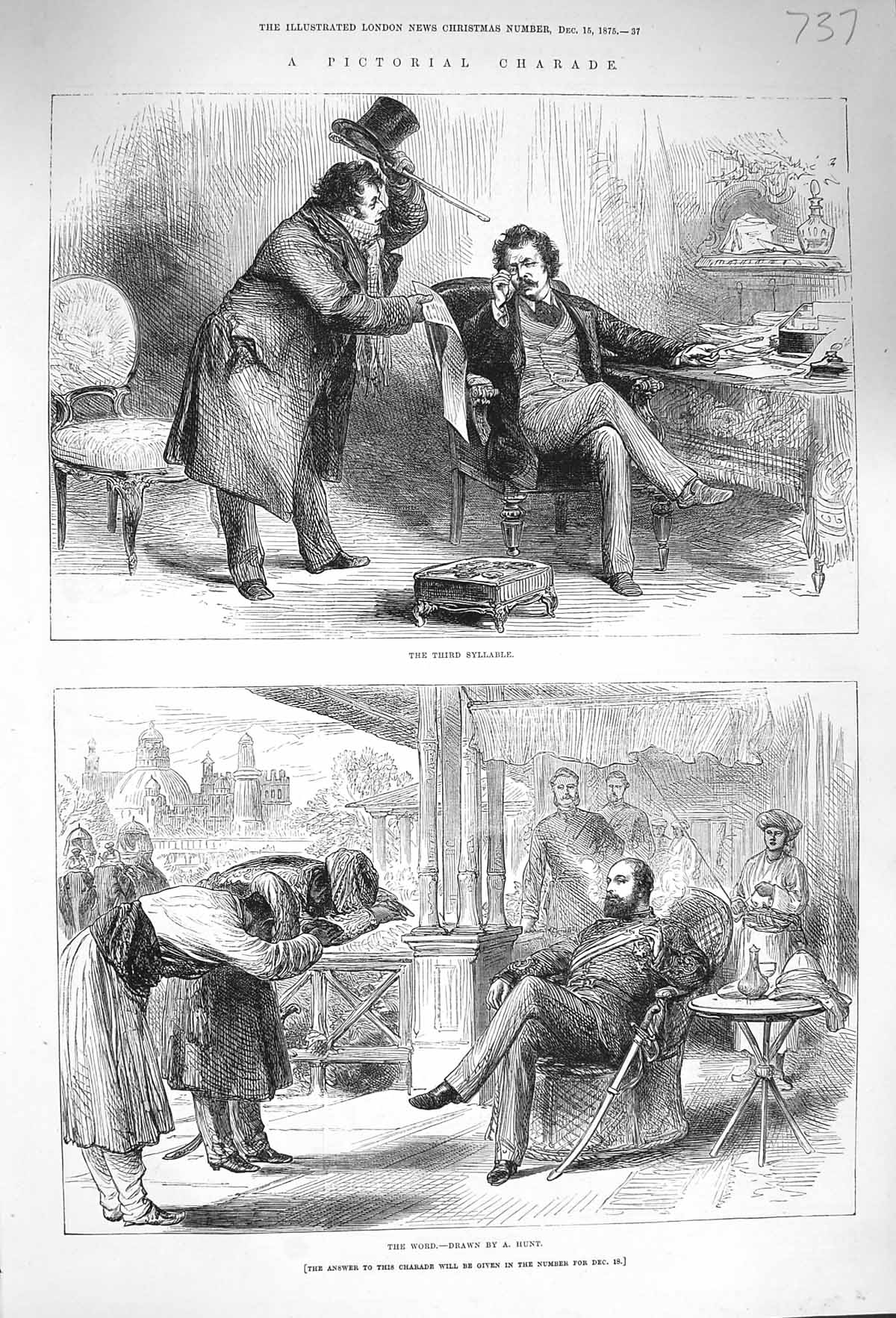 Original Old Antique Print 1875 Pictorial Charade People Animal Bear Story 19th