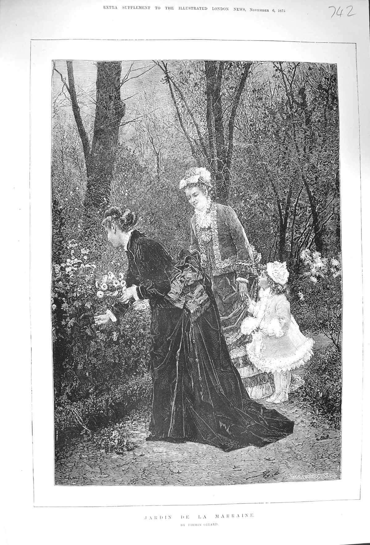 Original Old Antique Print 1875 Fine Art Jardin De La Marraine Garden Flower