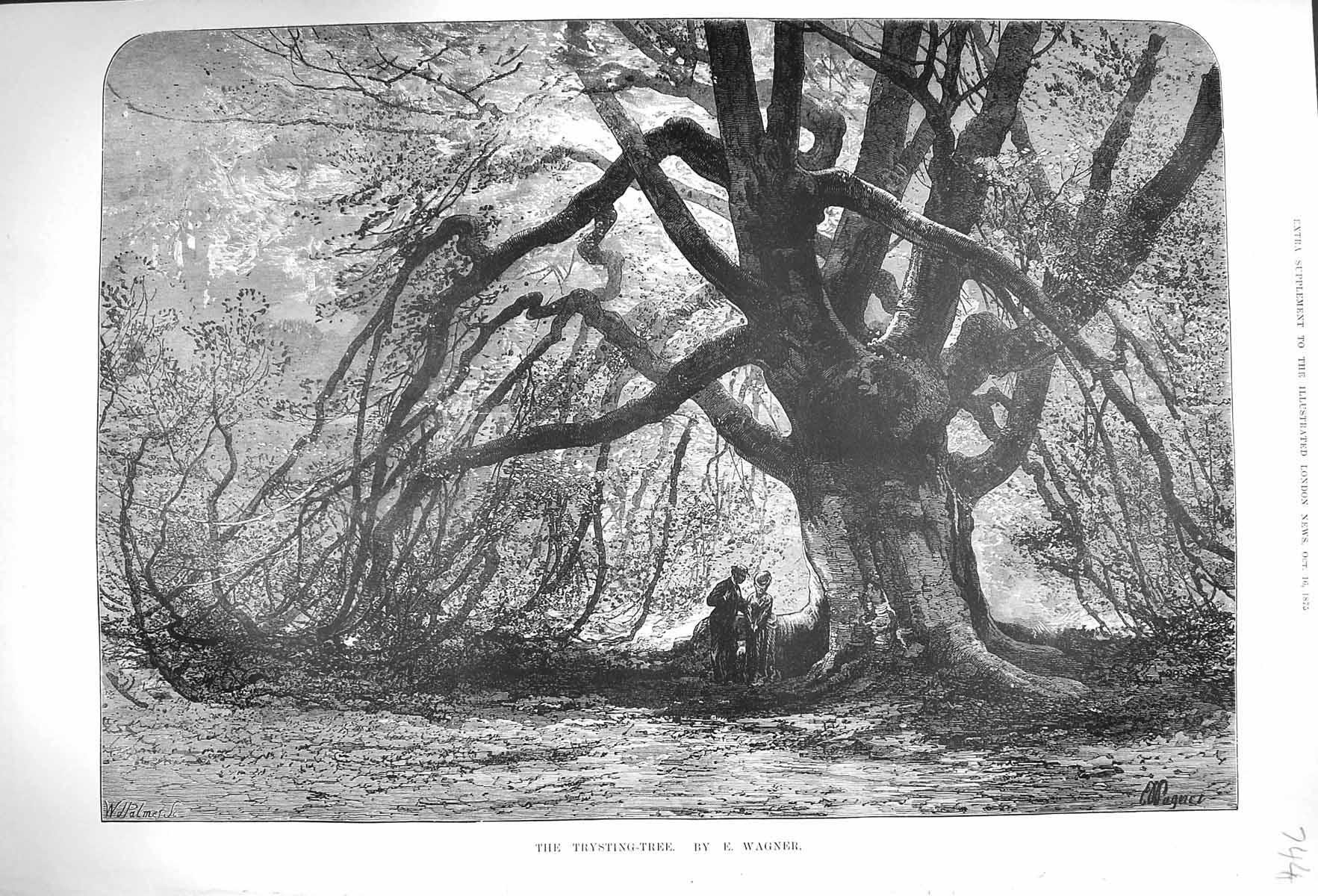 Original Old Antique Print 1875 Wagner Fine Art Trysting Tree Forest Scene 19th