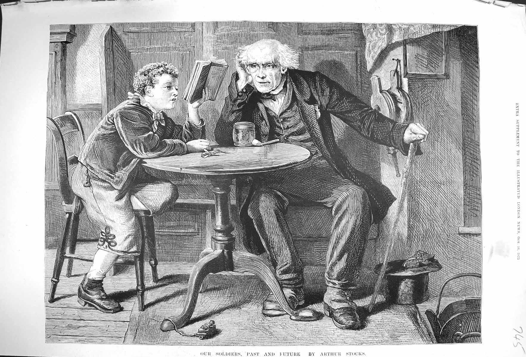 Original Old Antique Print 1875 Our Siers Past Future Man Young Boy Stocks 19th