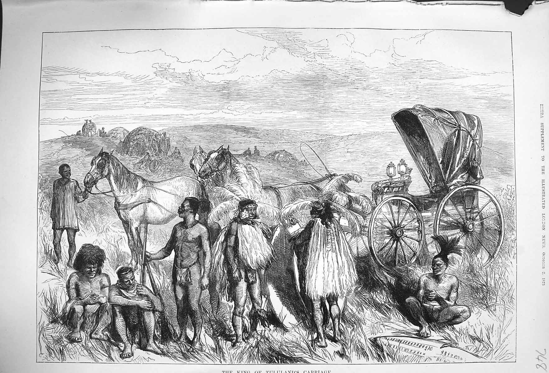 Original Old Antique Print 1875 King Zululand Carriage Natives Horses Victorian