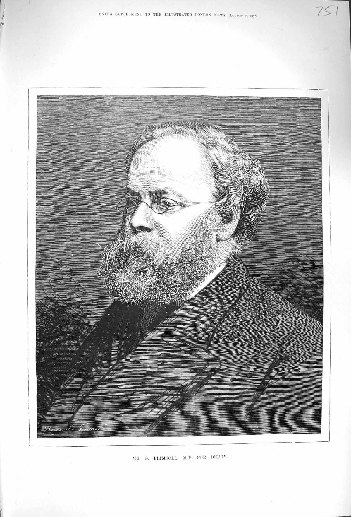 Original Old Antique Print 1875 Portrait Mr. S. Plimsoll M.P. Derby Victorian