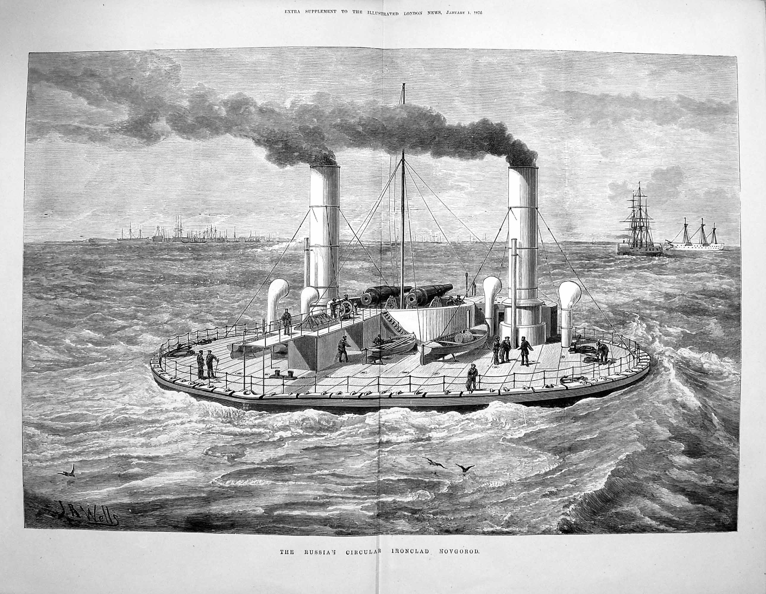 Original Old Antique Print 1876 Russian Circular Ironclad Ship Novgorod War 0