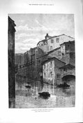 Original Old Antique Print 1876 Floods Rome Ghetto Submerges Architecture F 19th