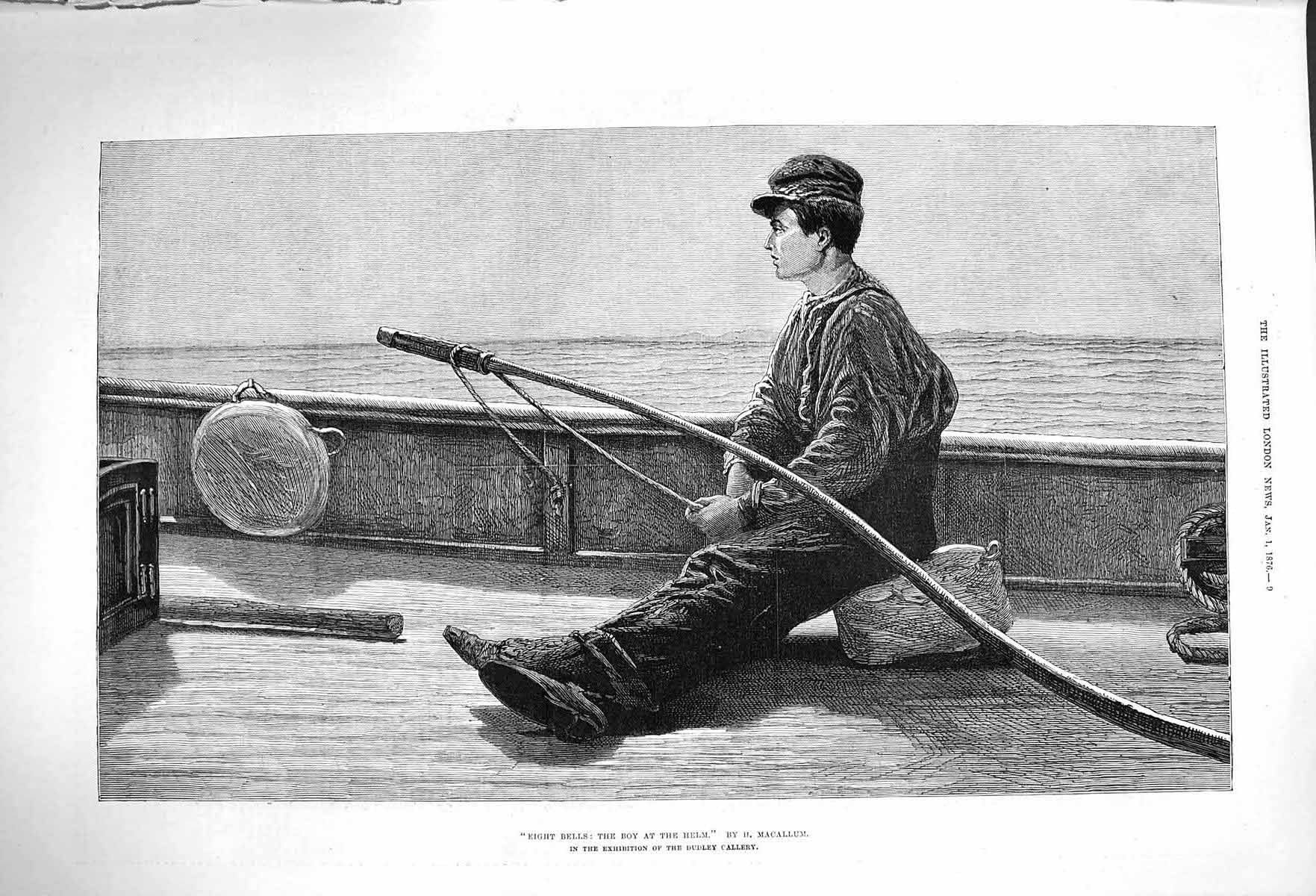 Original Old Antique Print 1876 Eight Bells Boy Helm Fishing Boat Fine Art 19th