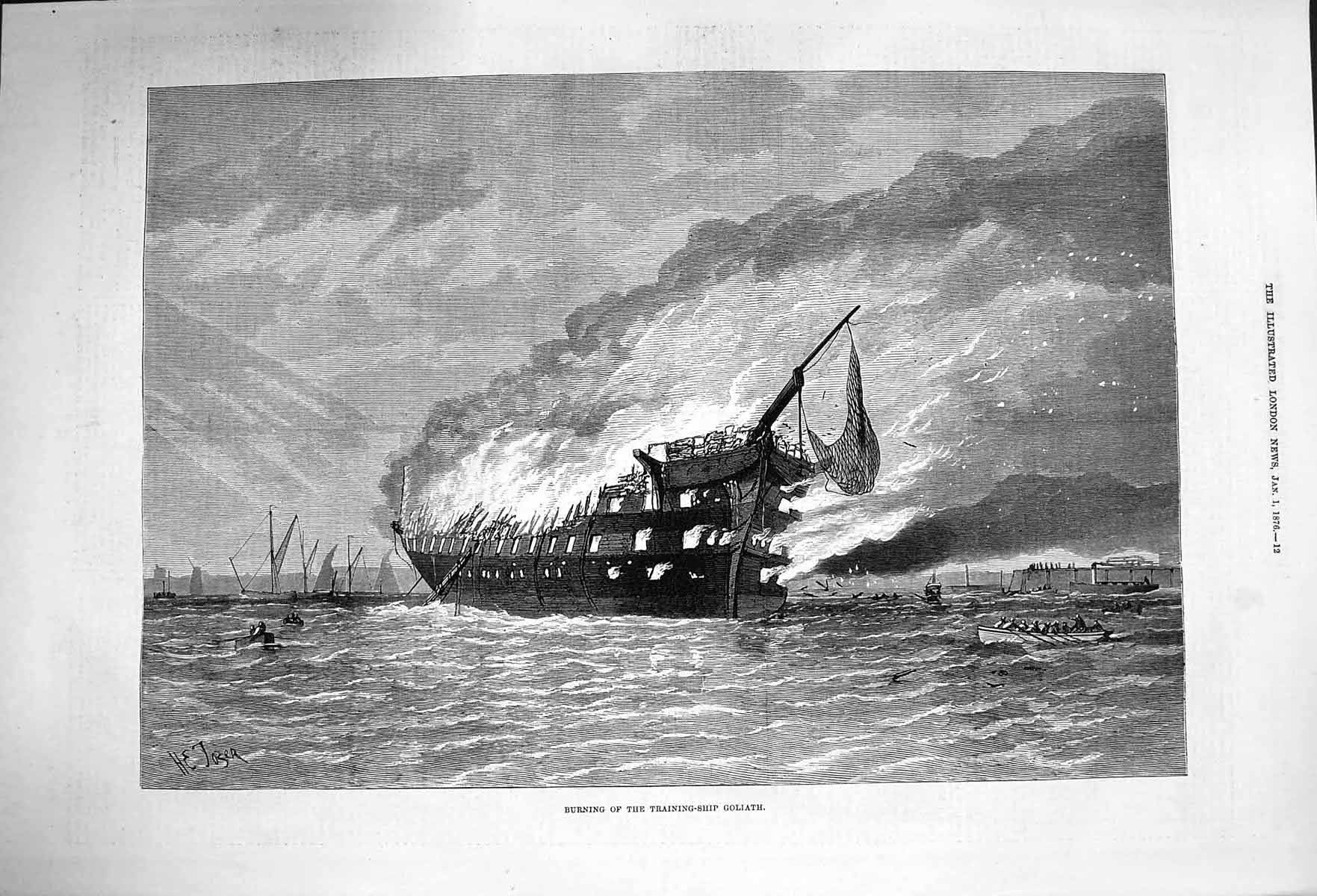 Original Old Antique Print 1876 Burning Fire Training Ship Goliath Victorian