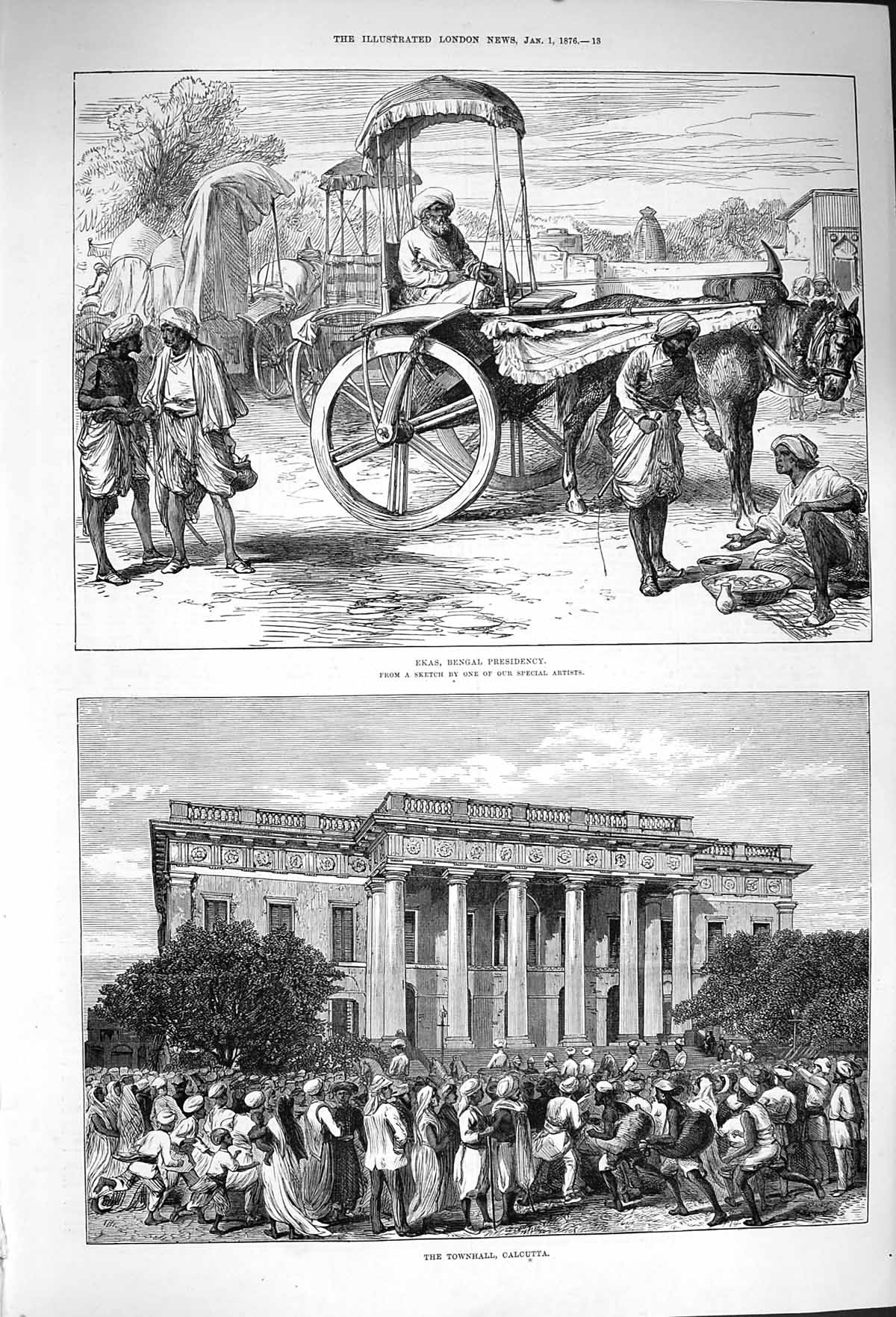 Original Old Antique Print 1876 Ekas Bengal Presidency Townhall Calcutta India