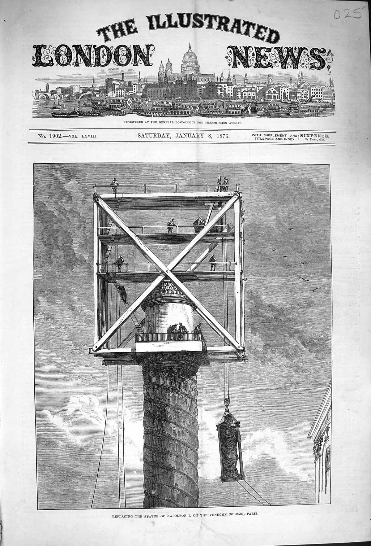 Original Old Antique Print 1876 Replacing Statue Napoleon Vendome Colum 19th