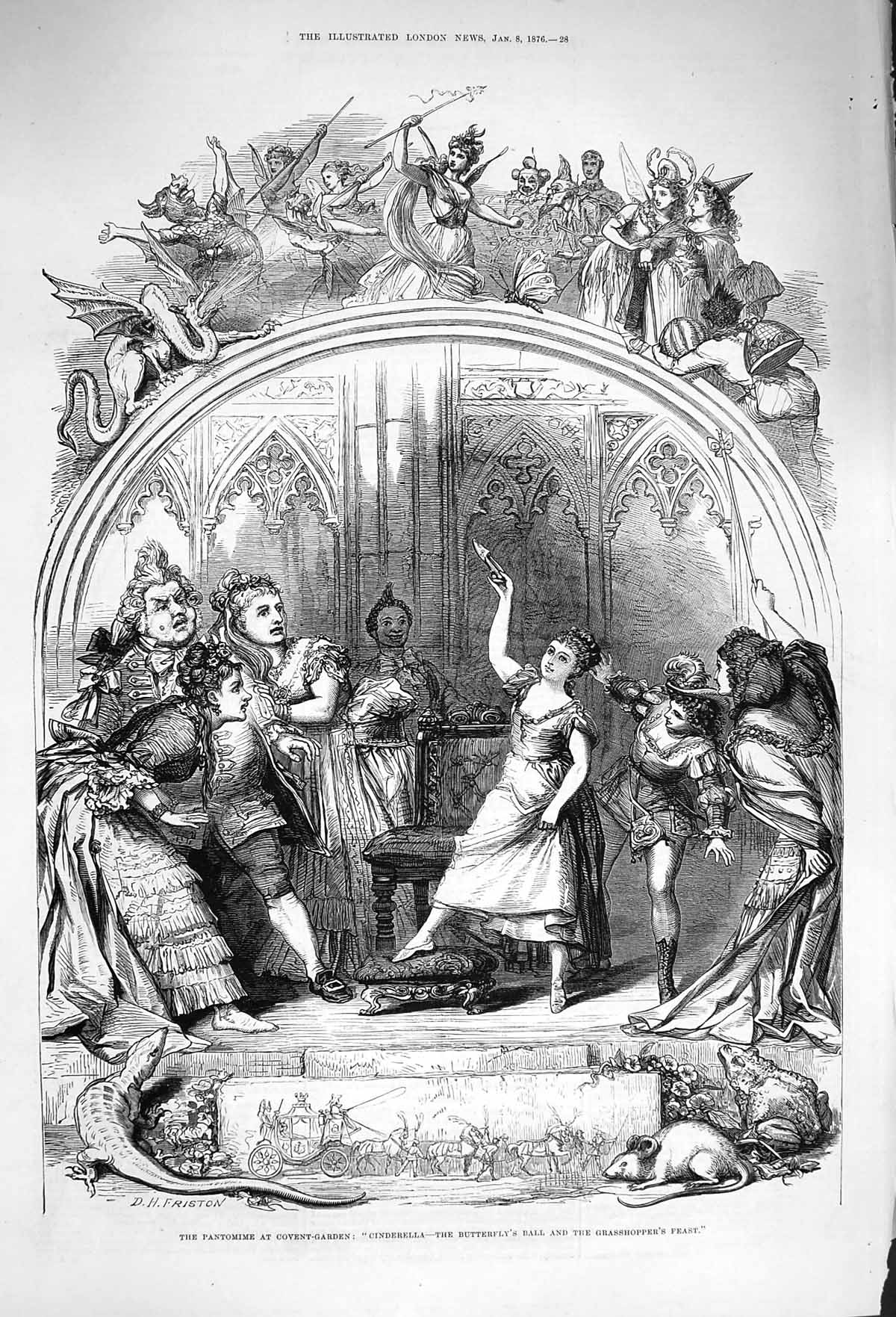 Original Old Antique Print 1876 Pantomime Theatre Covent Garden Drury Lane Cat