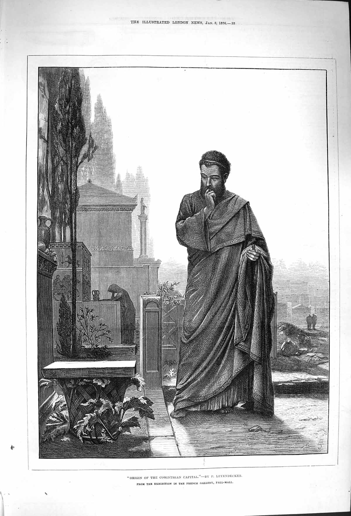 Original Old Antique Print 1876 Origin Corinthian Capital Man Robe Architecture
