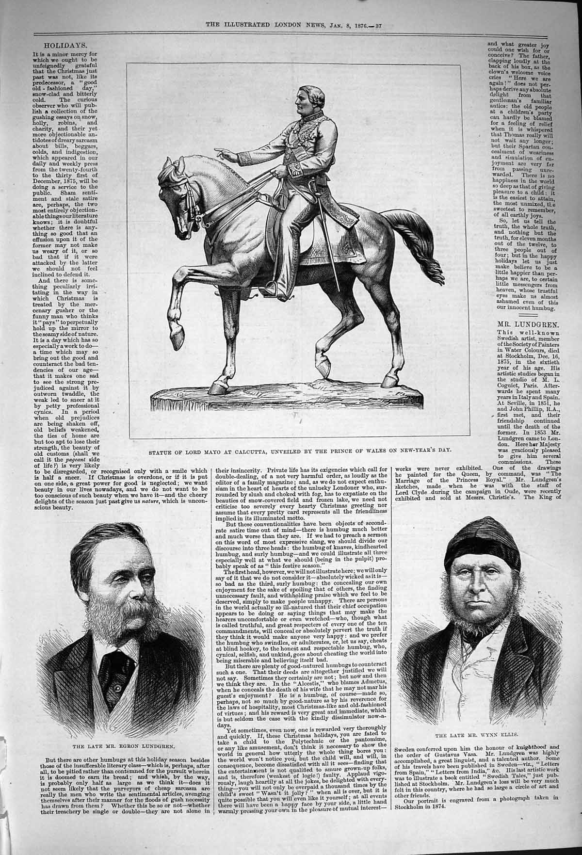 Antique Old Print *4020 1876 Statue Lord Mayo Calcutta Lundgren Wynn Ellis