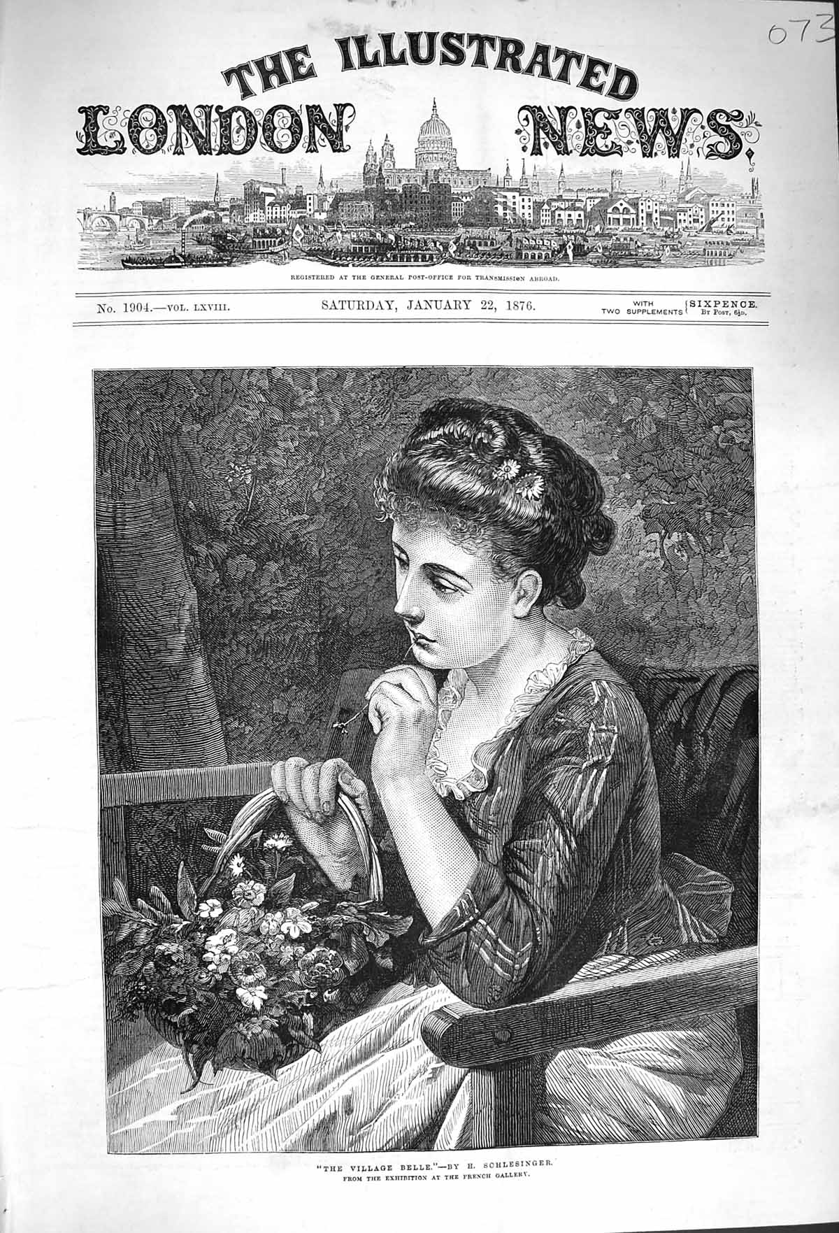 Original Old Antique Print 1876 Village Belle Beautiful Girl Flowers Fine Art
