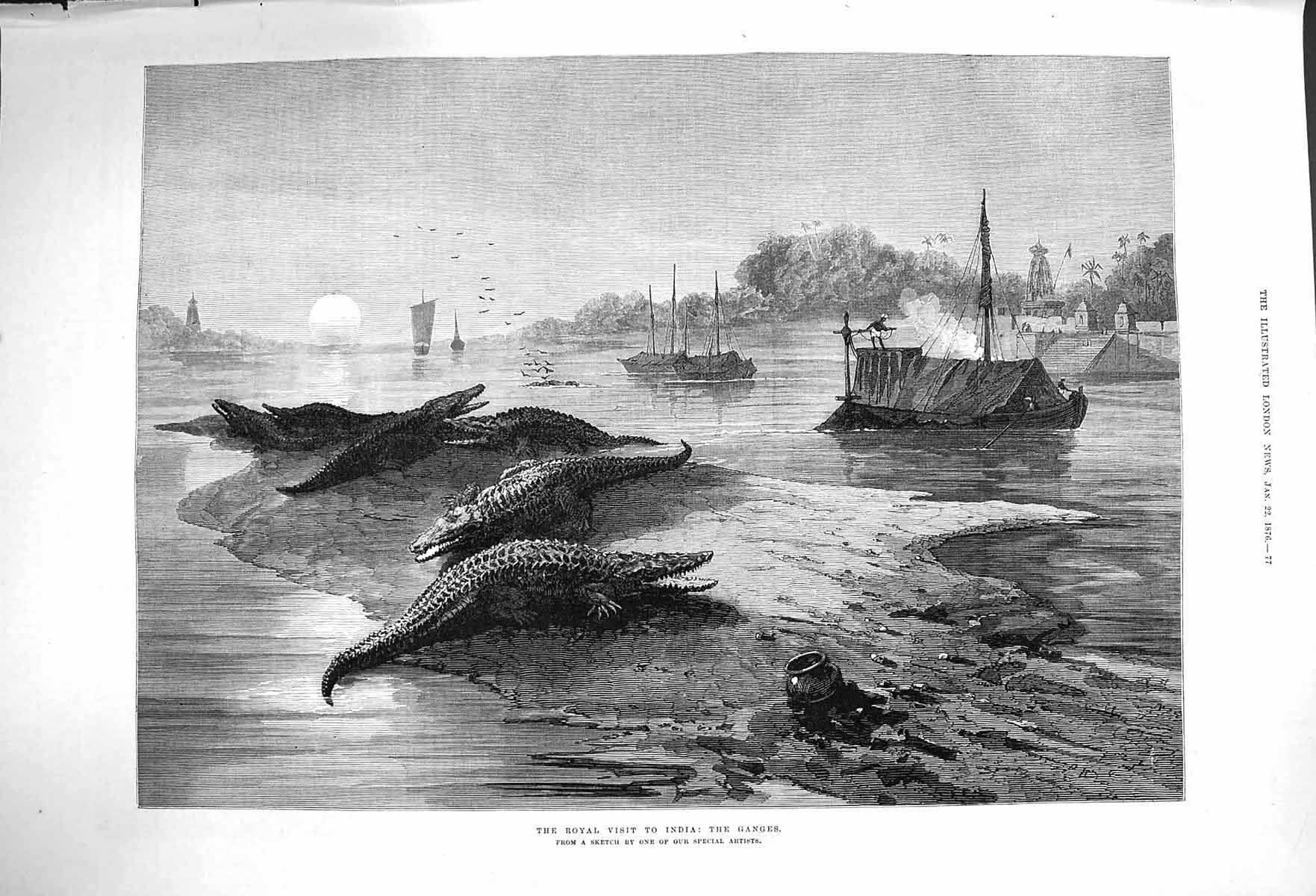 Old Antique Print 1876 Royal Visit India Ganges Boats Alligators Fine Art 19th
