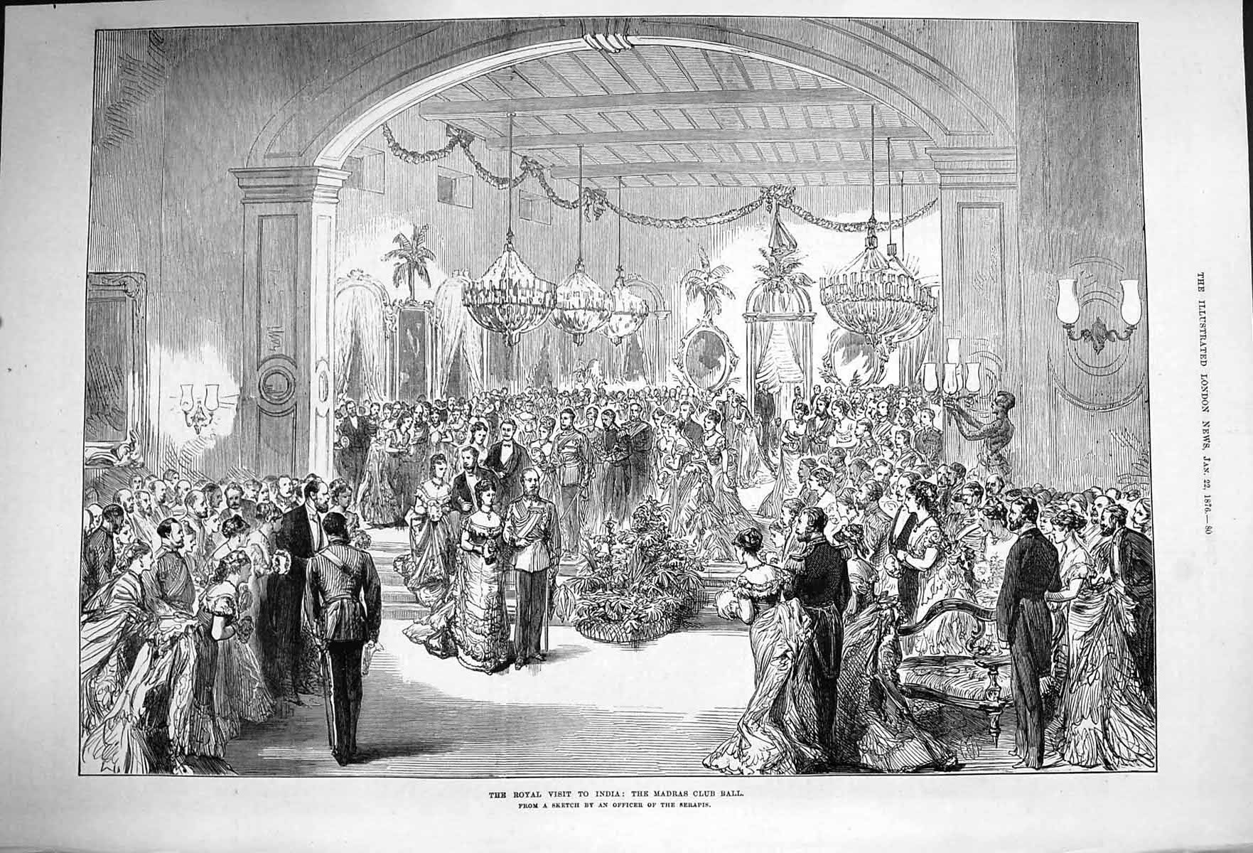 Original Old Antique Print 1876 Royal Visit India Madras Club Ball Victorian