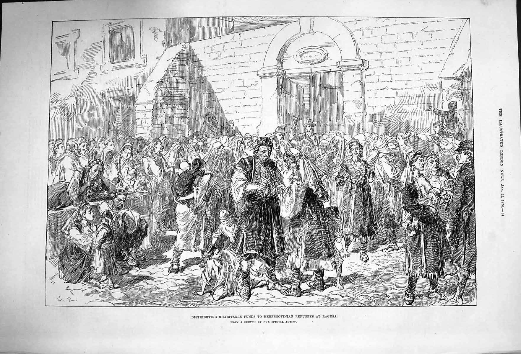Old Antique Print 1876 Distributing Charity Herzegovinia Refugees Ragusa 19th